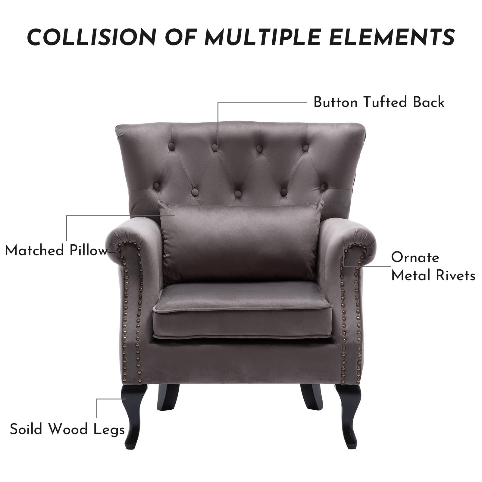 Midcentury Modern Accent Reading Arm Chairs Set of 2 - Velvet Grey Wingback Club Chairs with Button Tufted Back & Lumbar Pillow for Living Room, Bedroom, Office Waiting Area | Perfect for Reading Nooks, Lounge Spaces & Cozy Corners