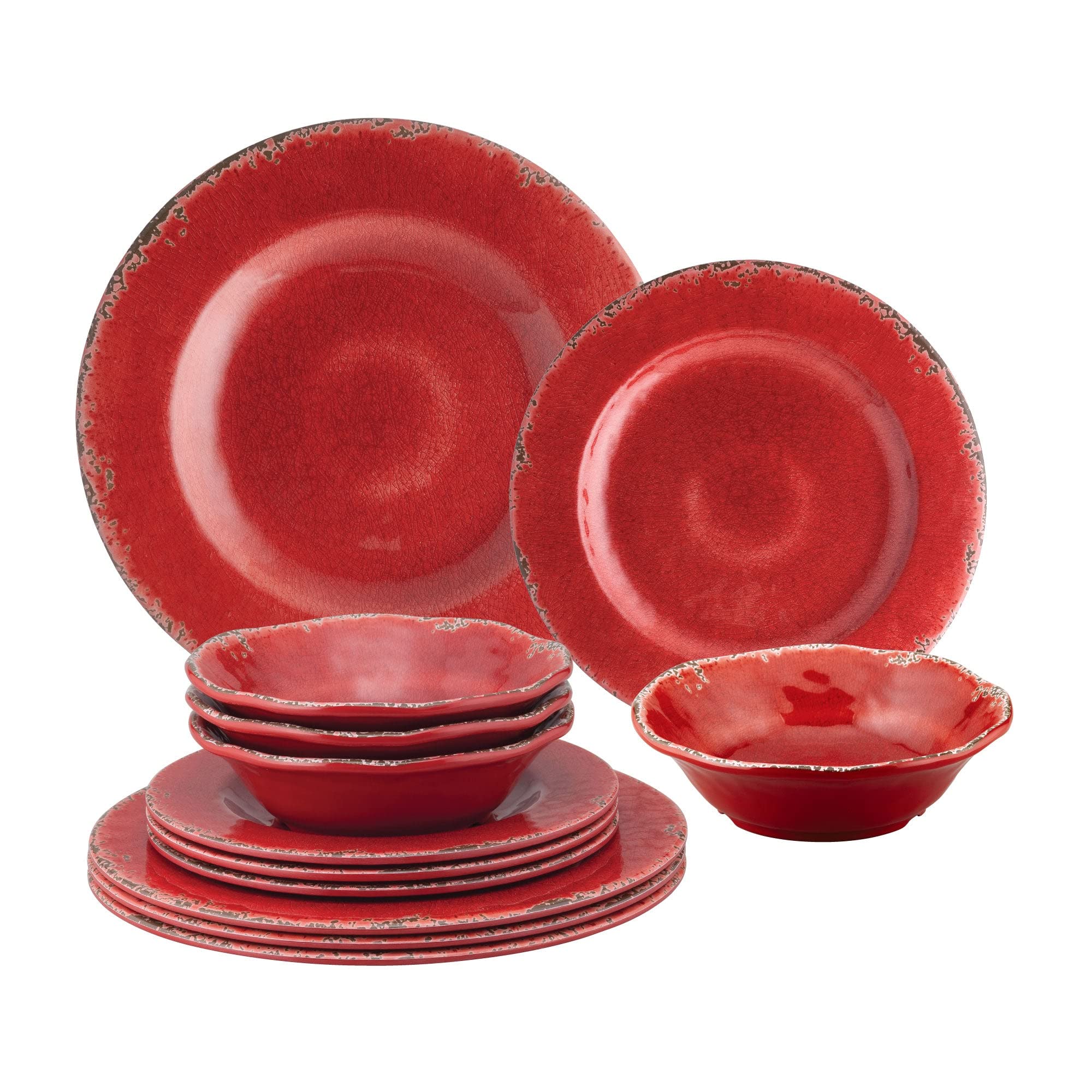 **Supreme Housewares 12-Piece Melamine Dinnerware Set - 4 Dinner Plates, 4 Salad Plates, 4 Bowls - Shatterproof & Lightweight for Outdoor Dining, Picnics, Camping (Crackle Red)**