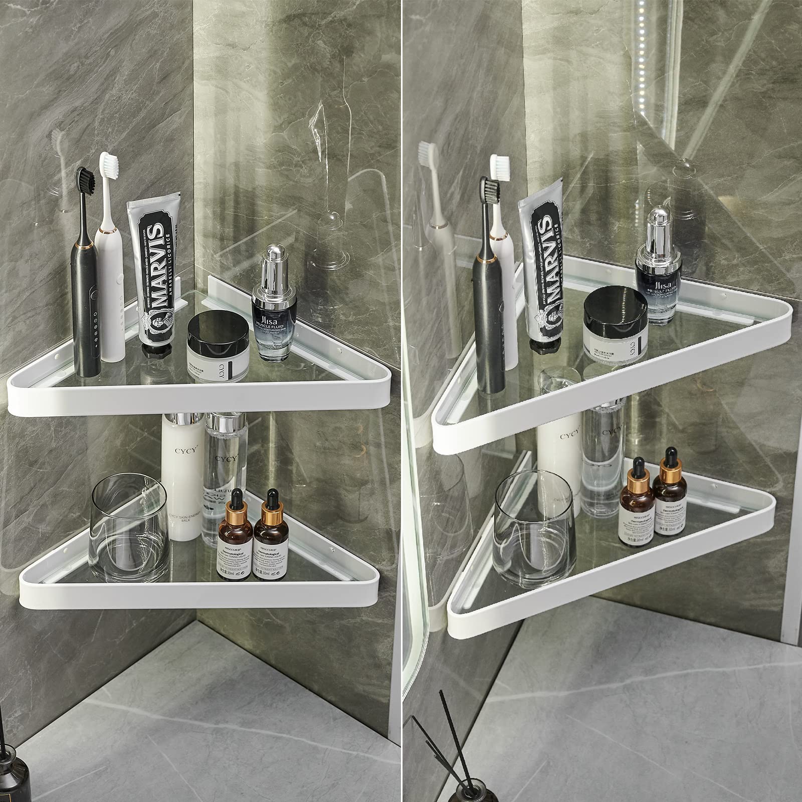 VOLPONE 2-Tier Wall Mounted Bathroom Shelves - Tempered Glass Corner Floating Shelf for Bathroom Storage & Organization (White) - Perfect for Shower Caddies, Soap Dispensers & Towel Storage