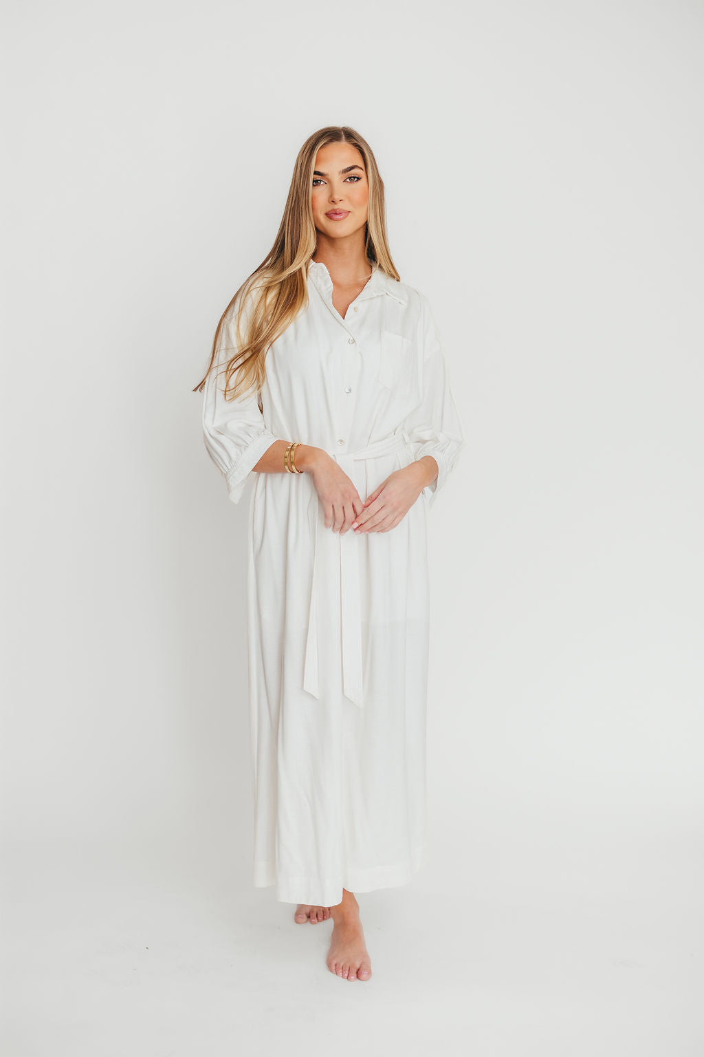 Evelyn Midi Shirt Dress in Off White - Nursing Friendly Maternity Dress for Women | Comfortable Breastfeeding Clothes for Work, Date Night & Everyday Wear