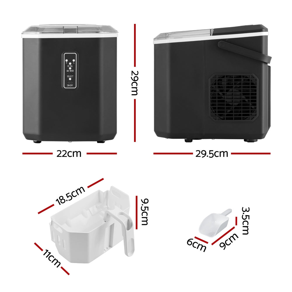 Devanti 12kg (26.5lb) Portable Ice Maker Machine with 1.3L Water Tank & Built-in Scoop Holder - Fast Ice Production for Home, Office, Party, RV & Outdoor Use - Black