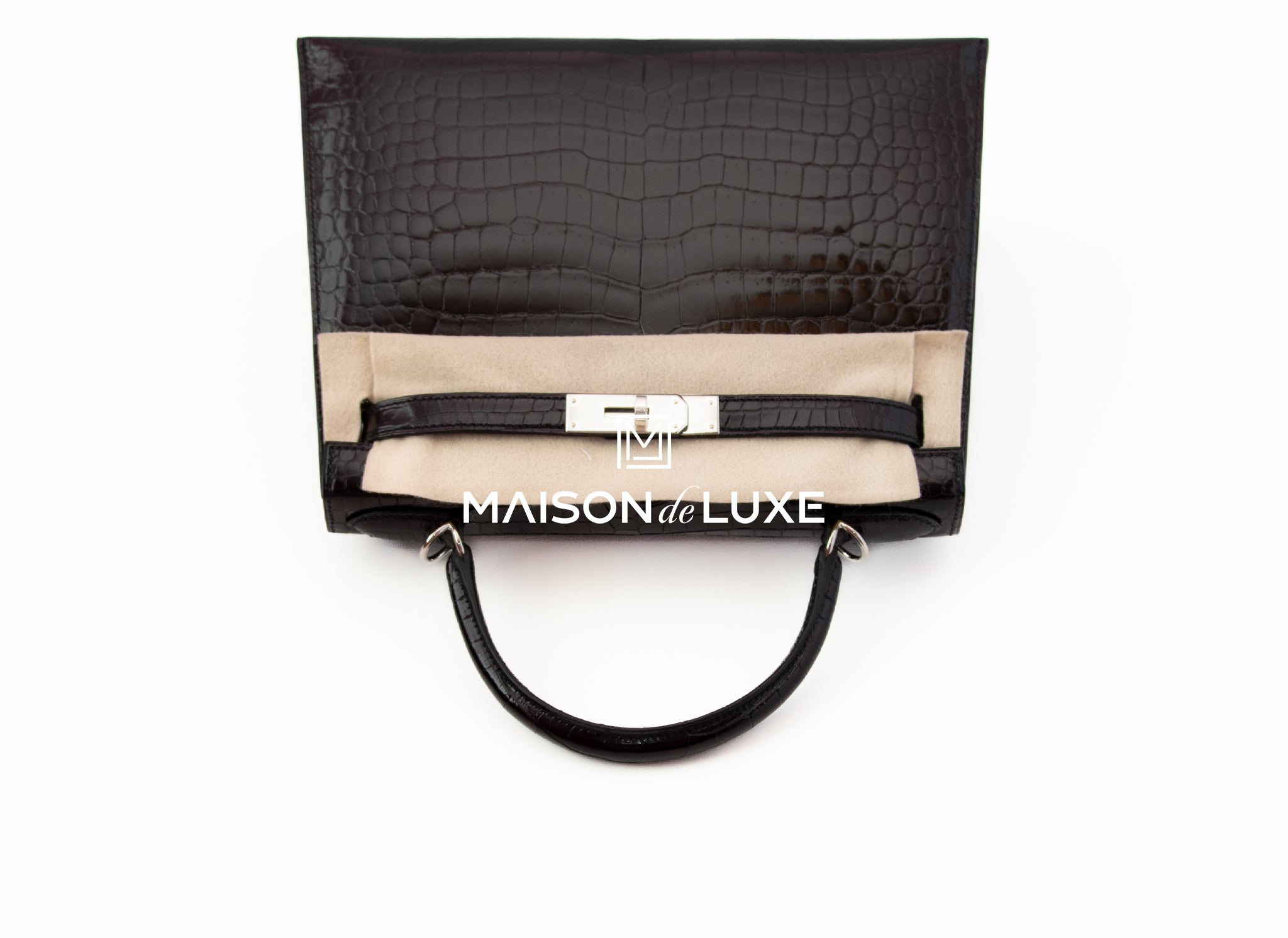 Authentic Hermes Kelly Sellier 28 Black Shiny Porosus Crocodile Leather Handbag - Luxury Designer Purse for Women, Perfect for Evening Events & Special Occasions
