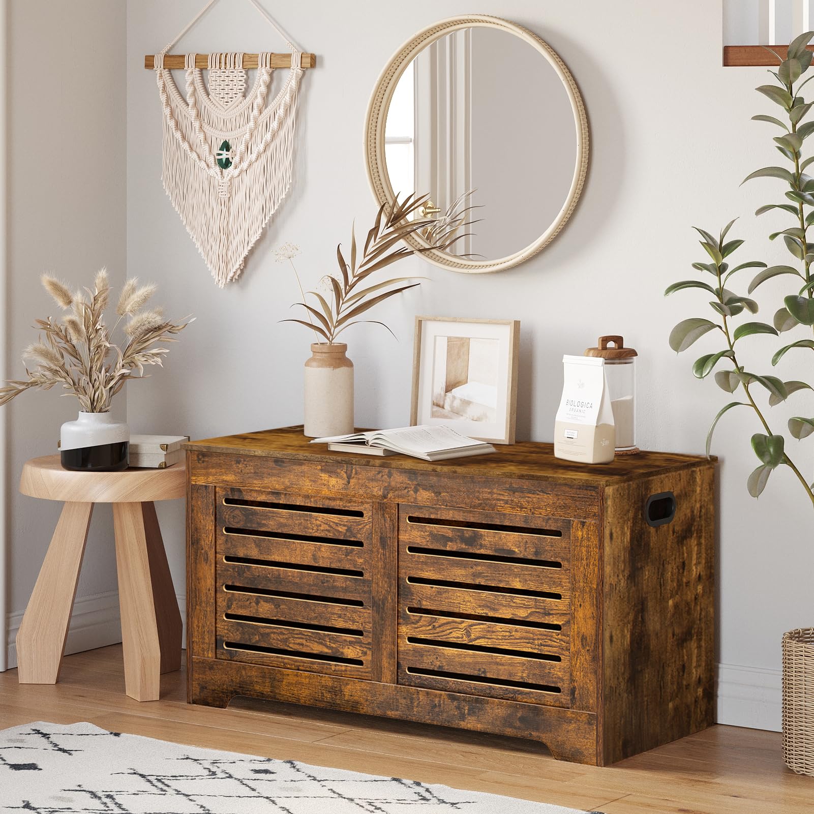 DINZI LVJ Flip-Top Wooden Storage Chest - Rustic Brown Toy Box with Safety Hinges | Entryway Shoe Bench & Living Room Storage Trunk | Easy Assembly for Bedroom, Nursery & Playroom Organization