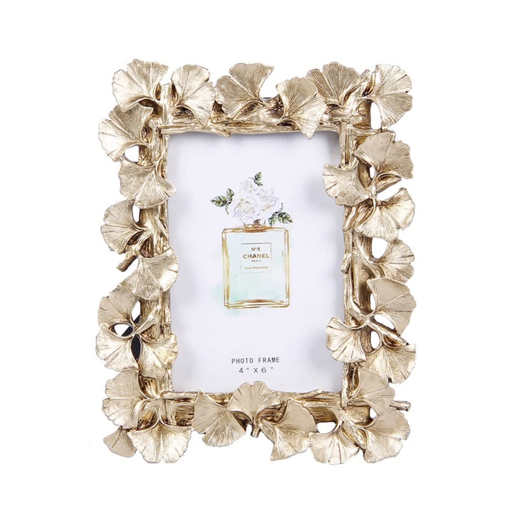 Vintage Golden Ginkgo Leaf Wooden Picture Frame - 4 Inch & 6 Inch Retro Photo Frames for Wall Decor, Home Art Display, and Gift Giving (Gold, 6 Inch) - Perfect for Living Room, Bedroom, or Office Decoration