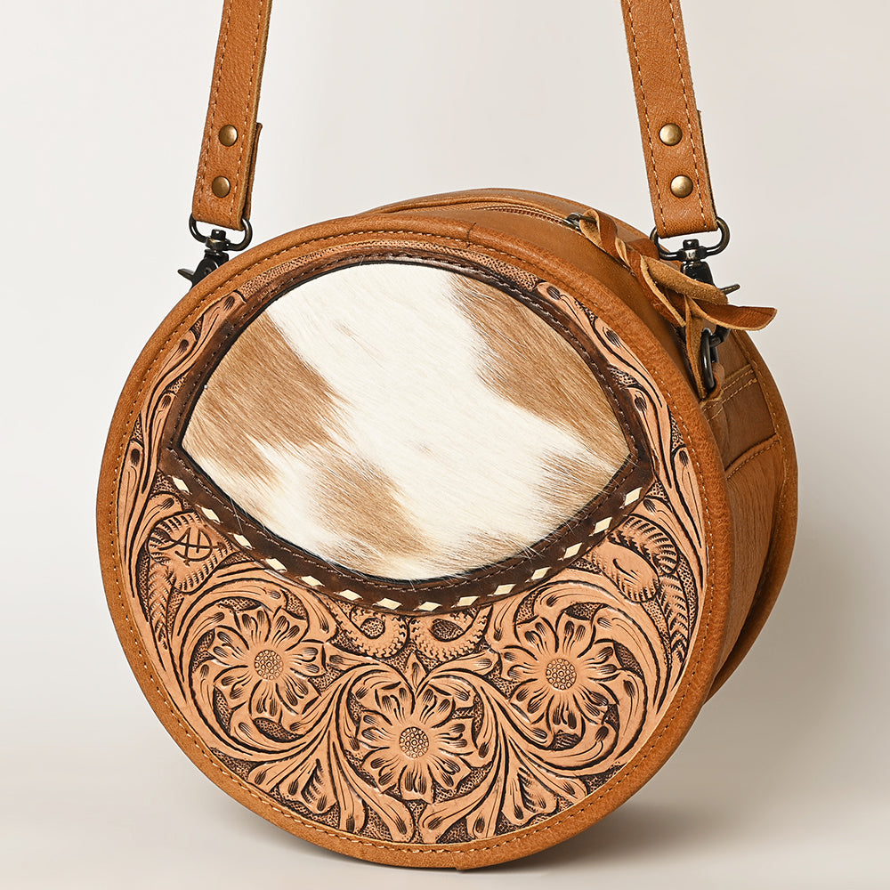 American Darling ADBG563TAW Genuine Leather Women's Western Handbag - Hand Tooled Hair-On Cowhide Canteen Purse for Cowgirl, Rodeo & Country Style Fashion Accessory