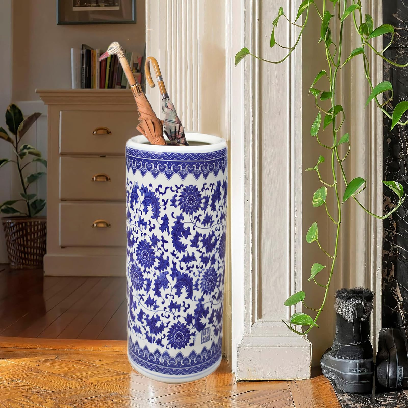 Blue & White Floral Porcelain Umbrella Stand - Traditional Free-Standing Entryway Organizer for Long/Short Umbrellas & Walking Sticks | Perfect for Home, Office & Garden Decor