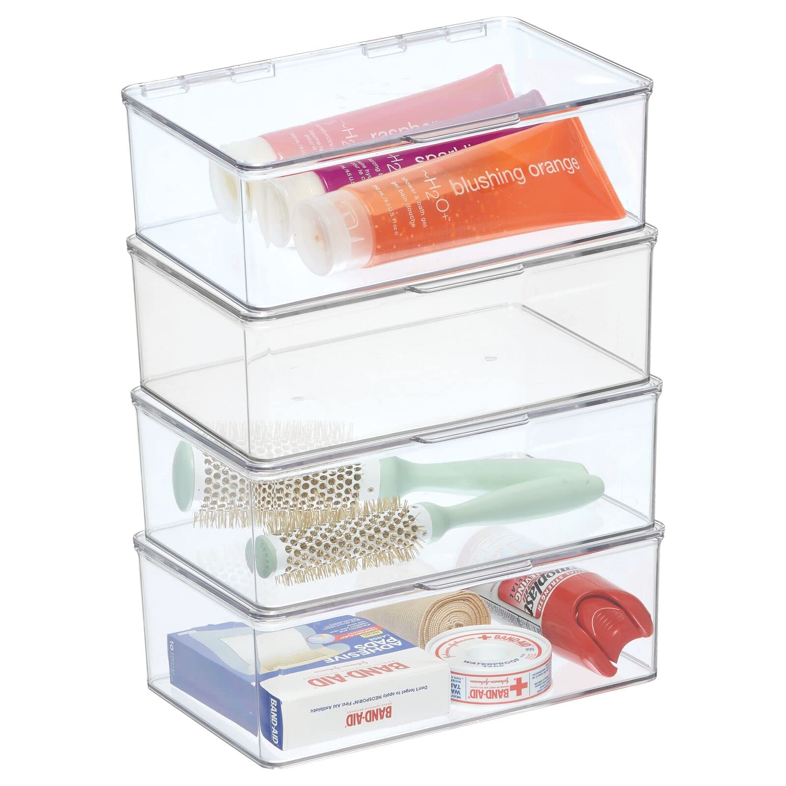 mDesign Clear Plastic Bathroom Storage Box with Hinged Lid - Stackable Organizer for Vanity, Countertop, Shower - Holds Soap, Shampoo, Lotion, Towels & Beauty Accessories - 4 Pack - Perfect for Bathroom, Spa, Salon Organization & Small Space Storage