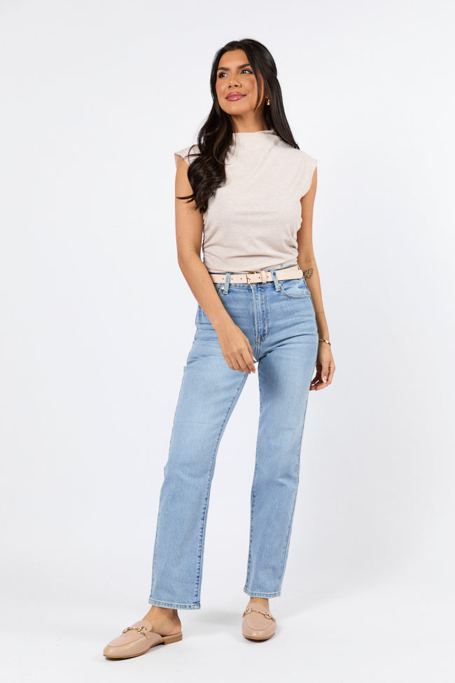 Prime Time Women's Oatmeal Ribbed Ruched Mock Neck Tank Top - Slim Fit Stretchy Casual Shirt for Layering, Work, and Everyday Wear