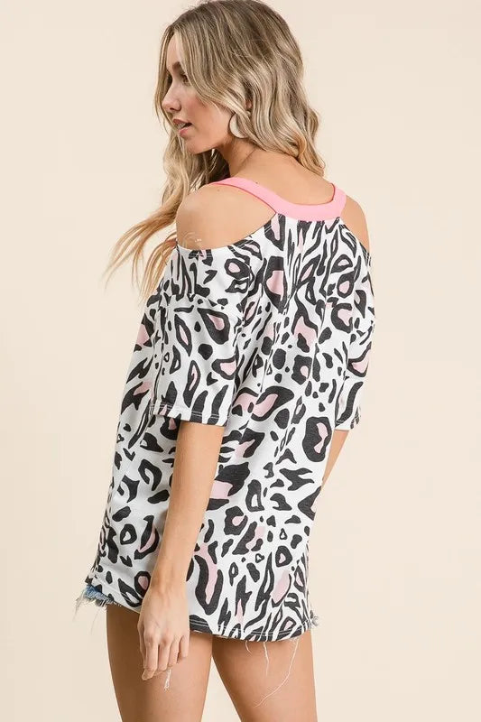 Stylish BiBi Leopard Print Women's Top with Sexy Shoulder Cut Out Design - Perfect for Night Out, Party, and Casual Wear