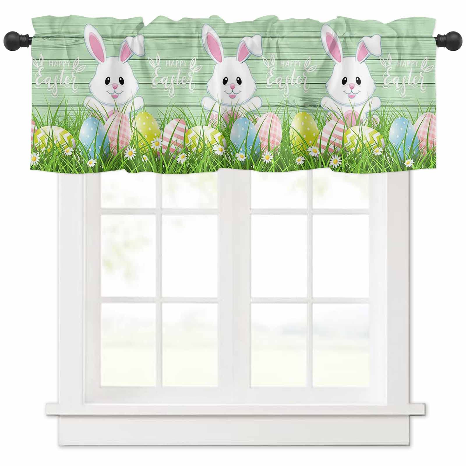Easter Bunny Rabbit Panel Curtains - Washable Window Valances for Kitchen, Bedroom, Living Room - 54 x 18 Inch Spring Floral Wood Design - Perfect for Small Windows & Seasonal Home Decor