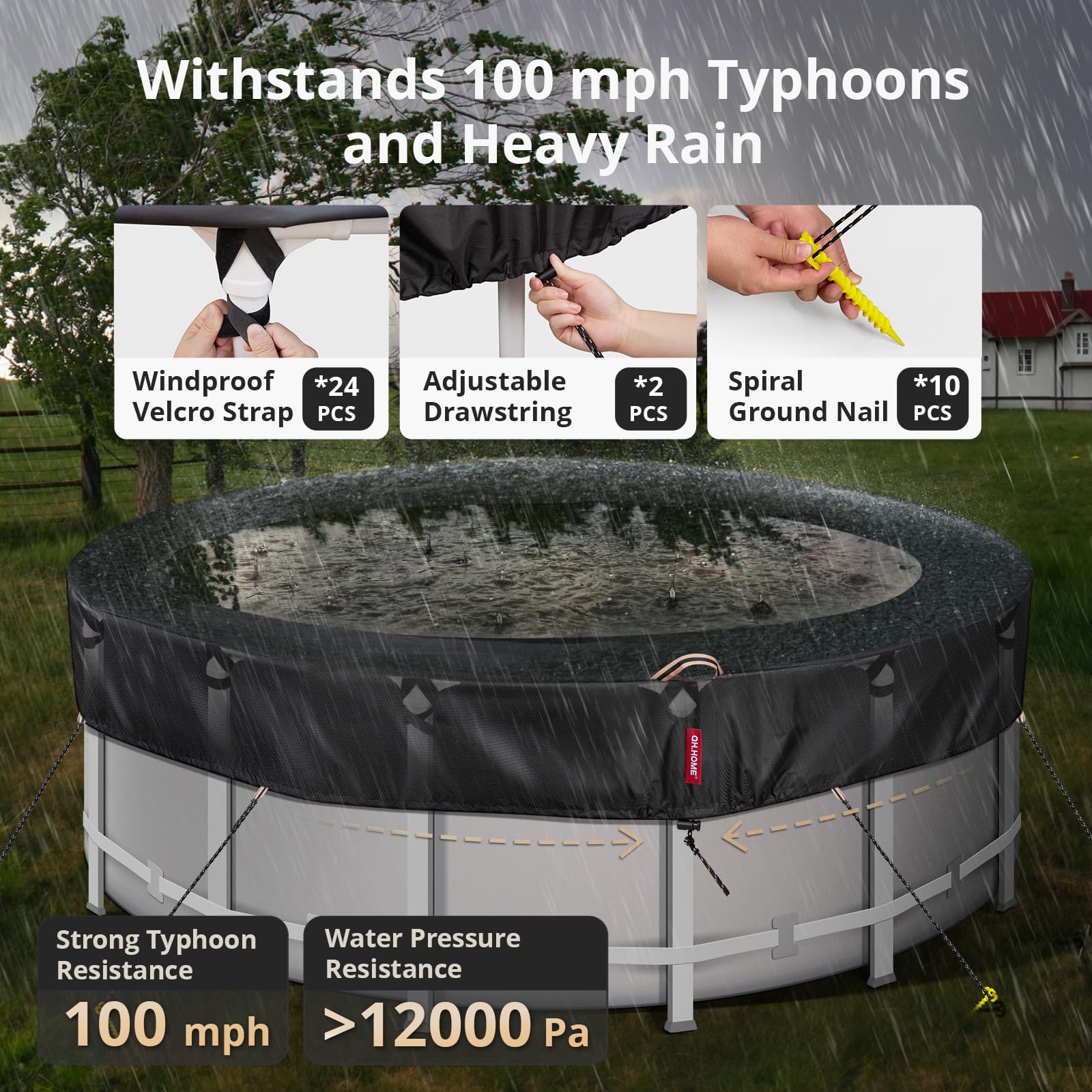 **QH.HOME 24Ft Round Solar Pool Cover - 600D Heavy-Duty Tear-Resistant Fabric (738N Strength) - Above Ground Swimming Pool Cover - Fade & Windproof - Ideal for Winter Protection & Energy Savings**
