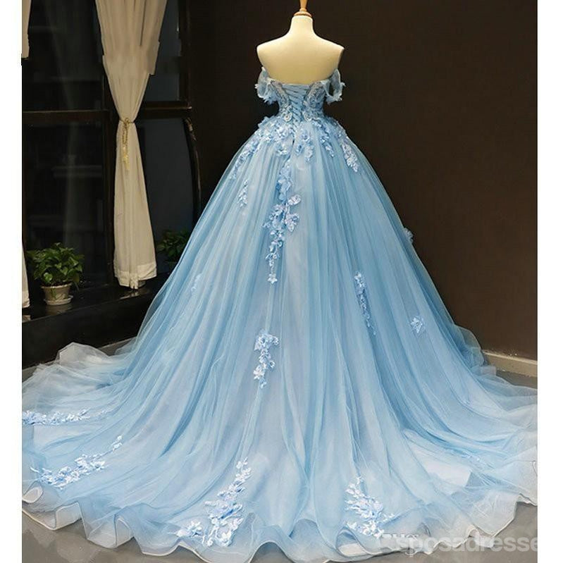 Floral Blue A-Line Off-Shoulder Long Prom Dress for Women - Elegant Evening Gown for Homecoming, Ballroom Dance & Formal Events