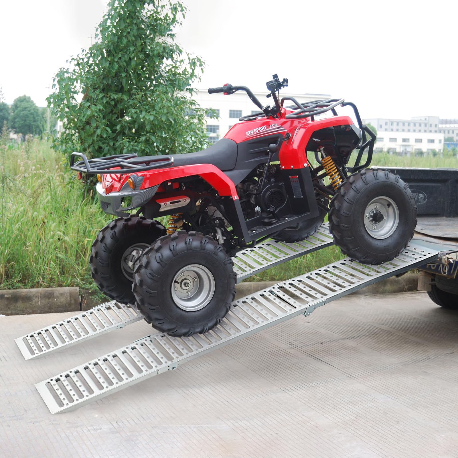 GARVEE 1500Lbs Capacity 2-Piece Tri-Fold Loading Ramps - Heavy Duty Steel Folding Trailer Ramps for ATV, UTV, Motorcycle, Lawn Mower, Tractor & Pickup Truck - Silver | Perfect for Garage, Warehouse & Off-Road Vehicle Loading