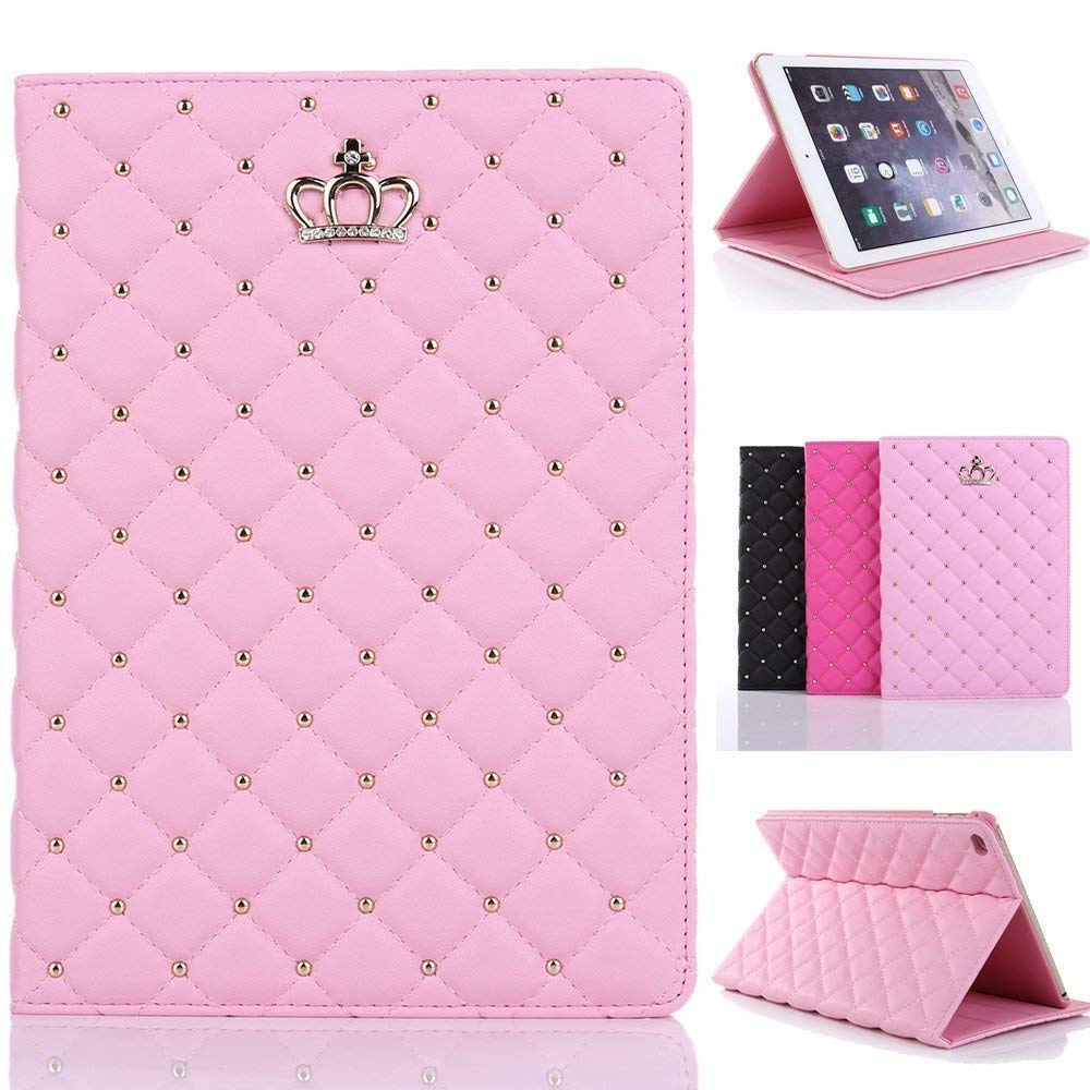 Topwin Bling Crystal iPad Case for iPad 9.7 (2018/2017), iPad Air 2/1 - Elegant PU Leather Smart Cover with Auto Sleep/Wake, Shockproof Stand Case for iPad 5th/6th Gen (Pink, No Buckle) - Perfect for Work, School & Travel Protection
