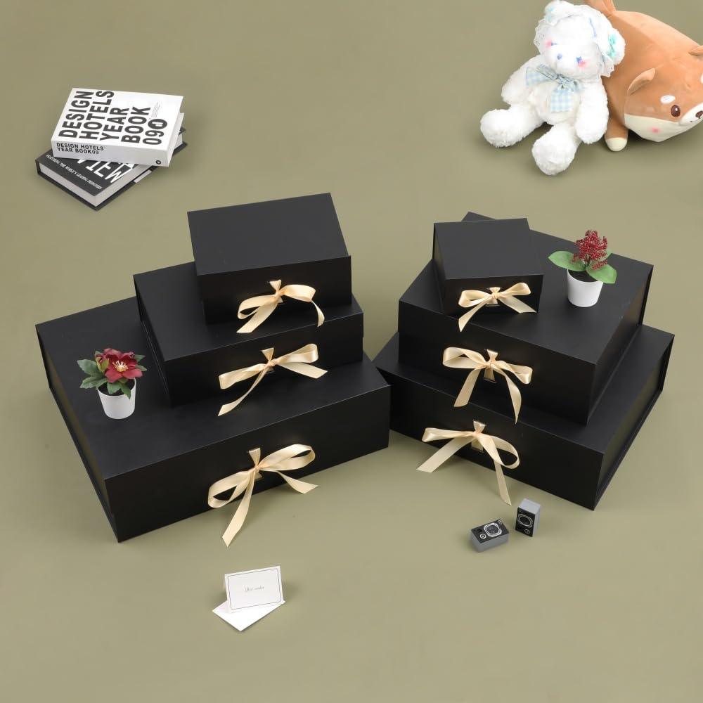 Premium 6x6x3 Inch Black Gift Box with Ribbon - Magnetic Closure Luxury Collapsible Rectangle Box with Lid (1 Pack) - Includes Shredded Paper Filler & Greeting Card - Perfect for Jewelry, Cosmetics, Wedding Favors & Party Gifts