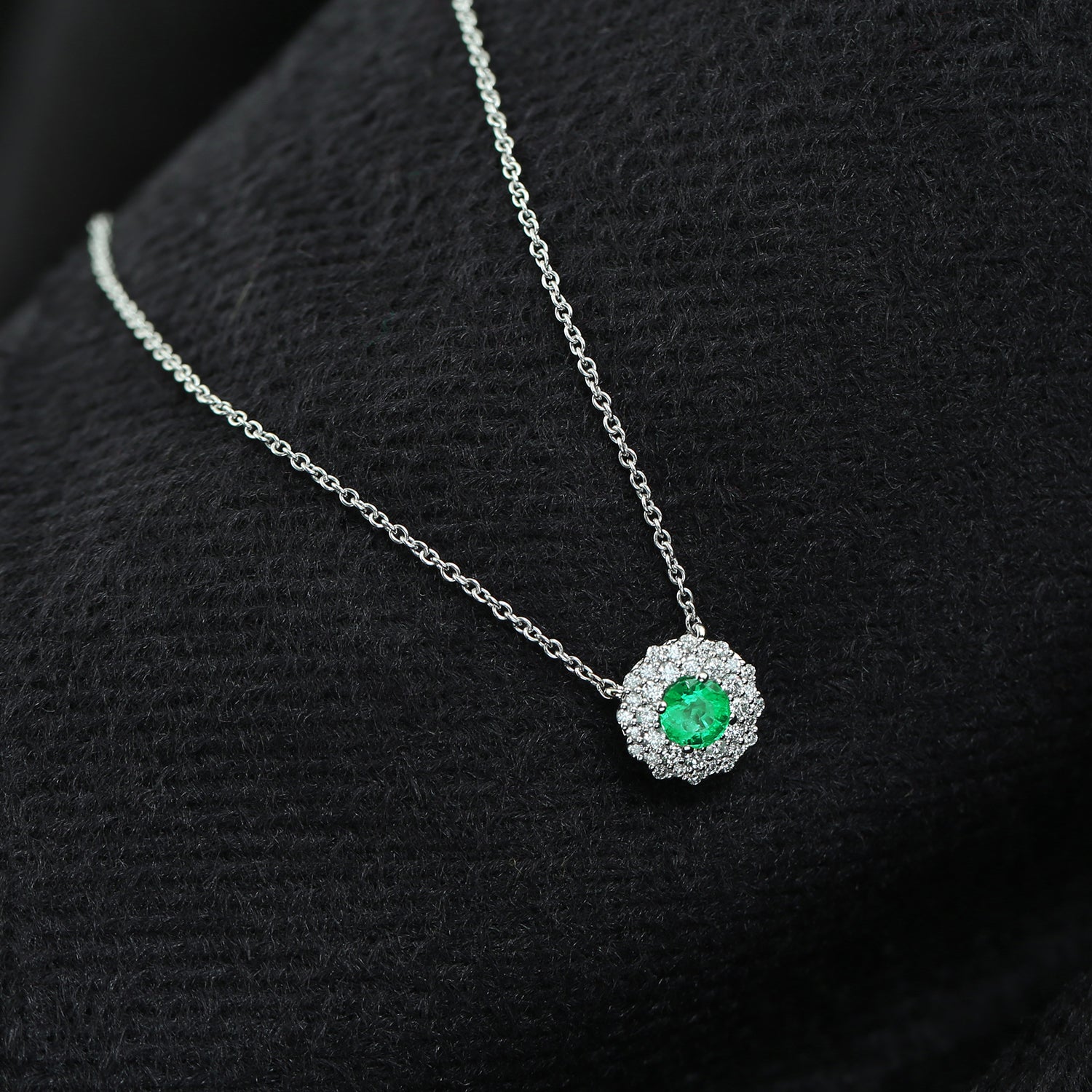 14K White Gold Emerald Double Halo Diamond Princess Chain Necklace - Elegant Jewelry for Weddings, Anniversaries & Special Occasions
