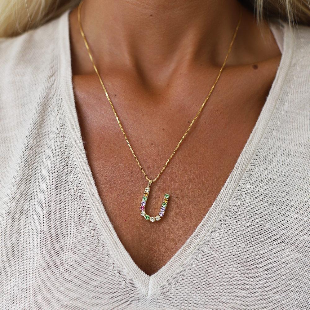 Personalized Letter Necklace U - Custom Initial Pendant with Rainbow Charm | Perfect for Birthdays, Anniversaries & Gifts for Her