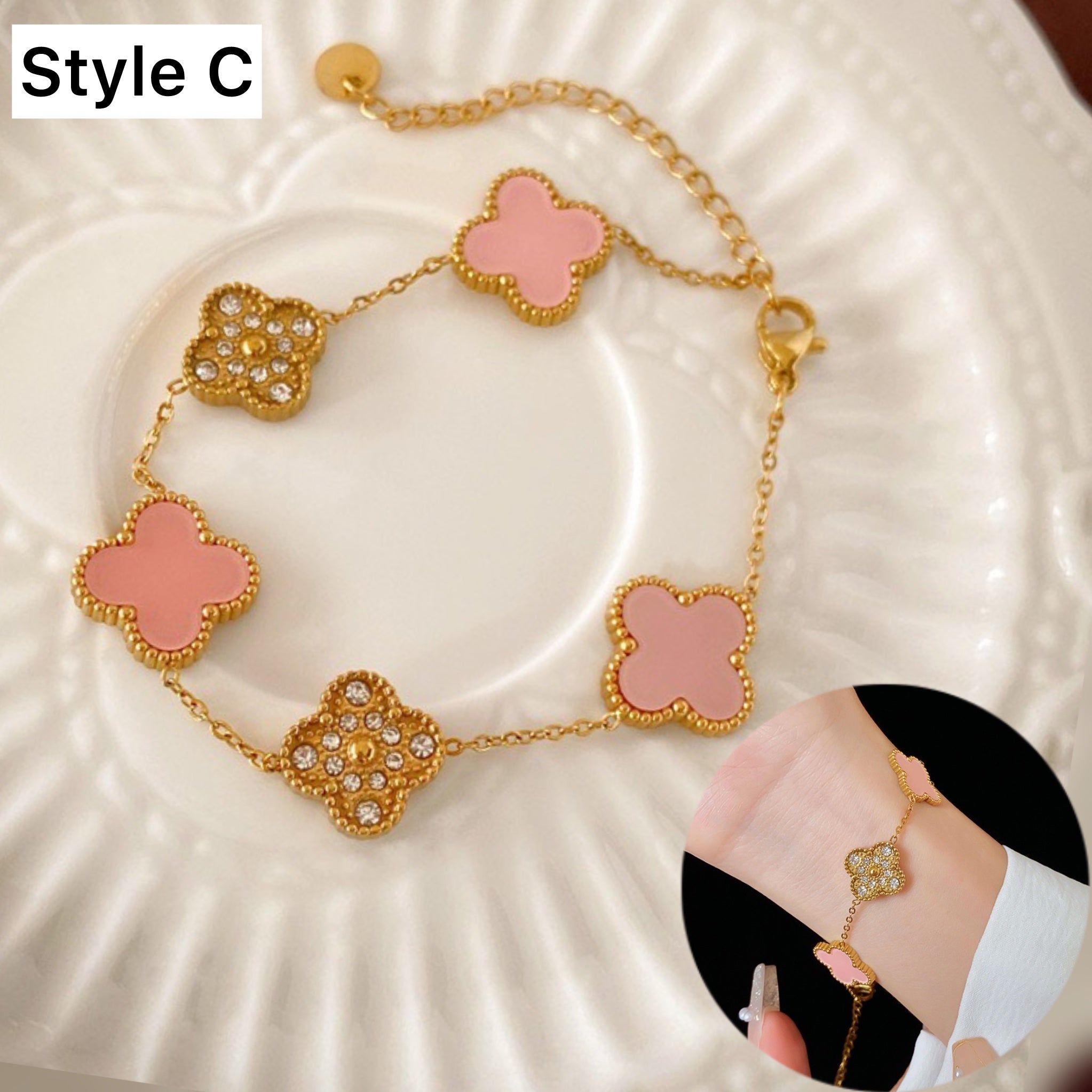 14K Gold Lucky Pink Clover Charm Bracelet for Women - Elegant Four Leaf Clover Jewelry Gift for Birthday, Anniversary & Good Luck | Perfect for St. Patrick's Day, Everyday Wear & Special Occasions