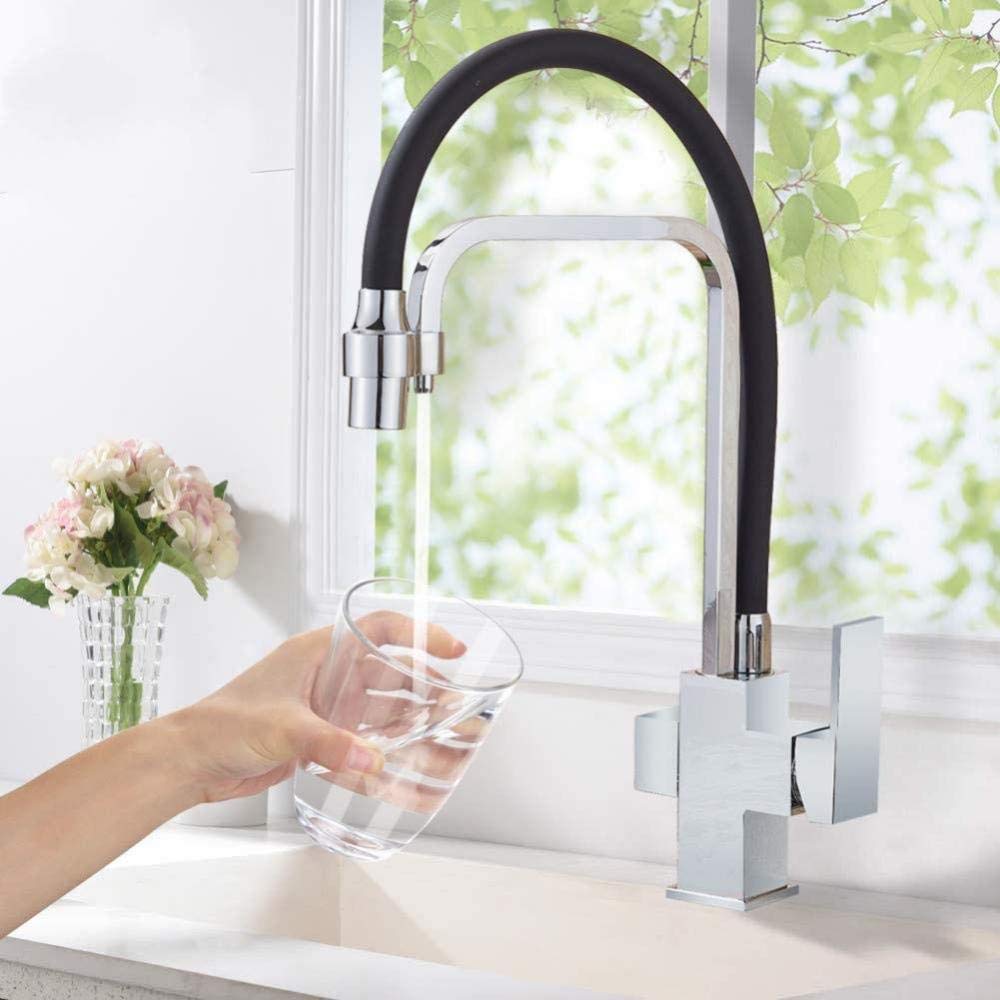DWSS® 3-Way Dual Handle Kitchen Faucet - Chrome Plated Hot & Cold Water Mixer Tap with Drinking Water Function | Perfect for Modern Kitchens, Restaurants & Food Prep Areas