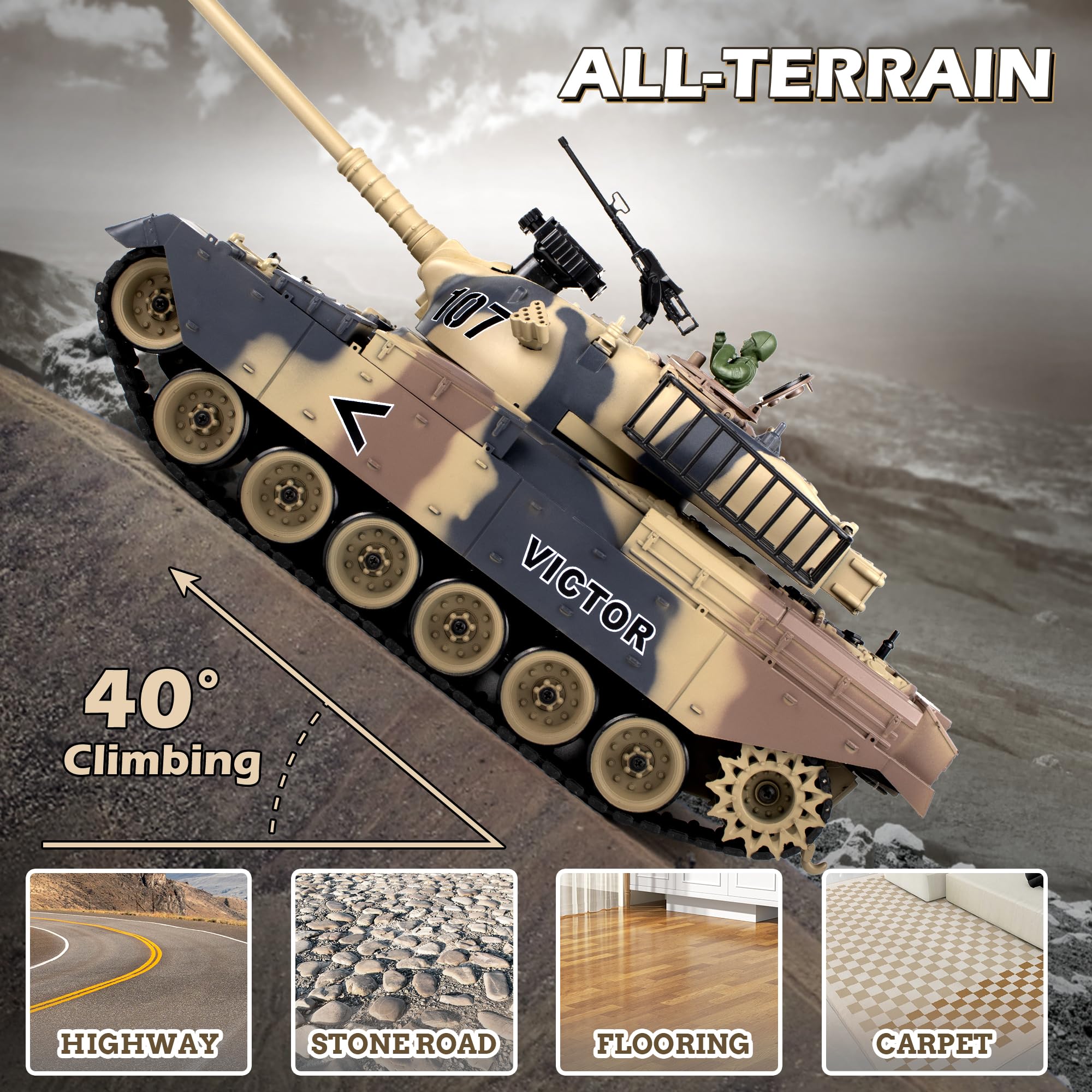 1:18 Scale US M60 RC Tank - 2.4Ghz Remote Control Military Vehicle with Recoil, Smoke, Sound & LED Lights | Shoots BBs & Water Bombs | Battle-Ready Army Toy for Adults & Kids | Perfect for Outdoor Play, Backyard Battles & Military Collection Displays
