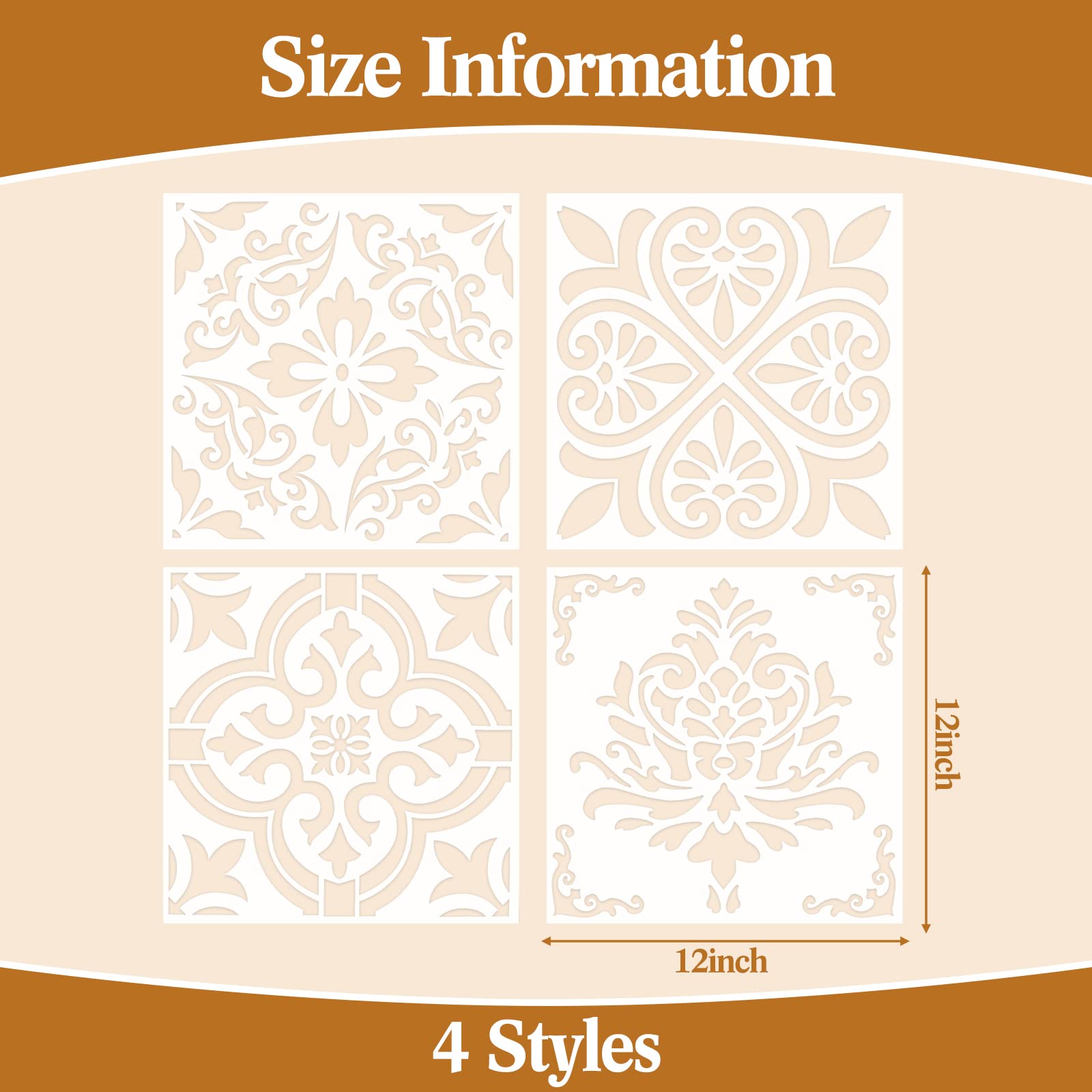 4-Piece Reusable Tile Stencils 12x12 Inches - DIY Wall & Floor Decorative Painting Templates for Home Decor, Scrapbooking, and Crafts (Floral Design) - Perfect for Bathroom, Kitchen Backsplash, and Nursery Wall Art Projects