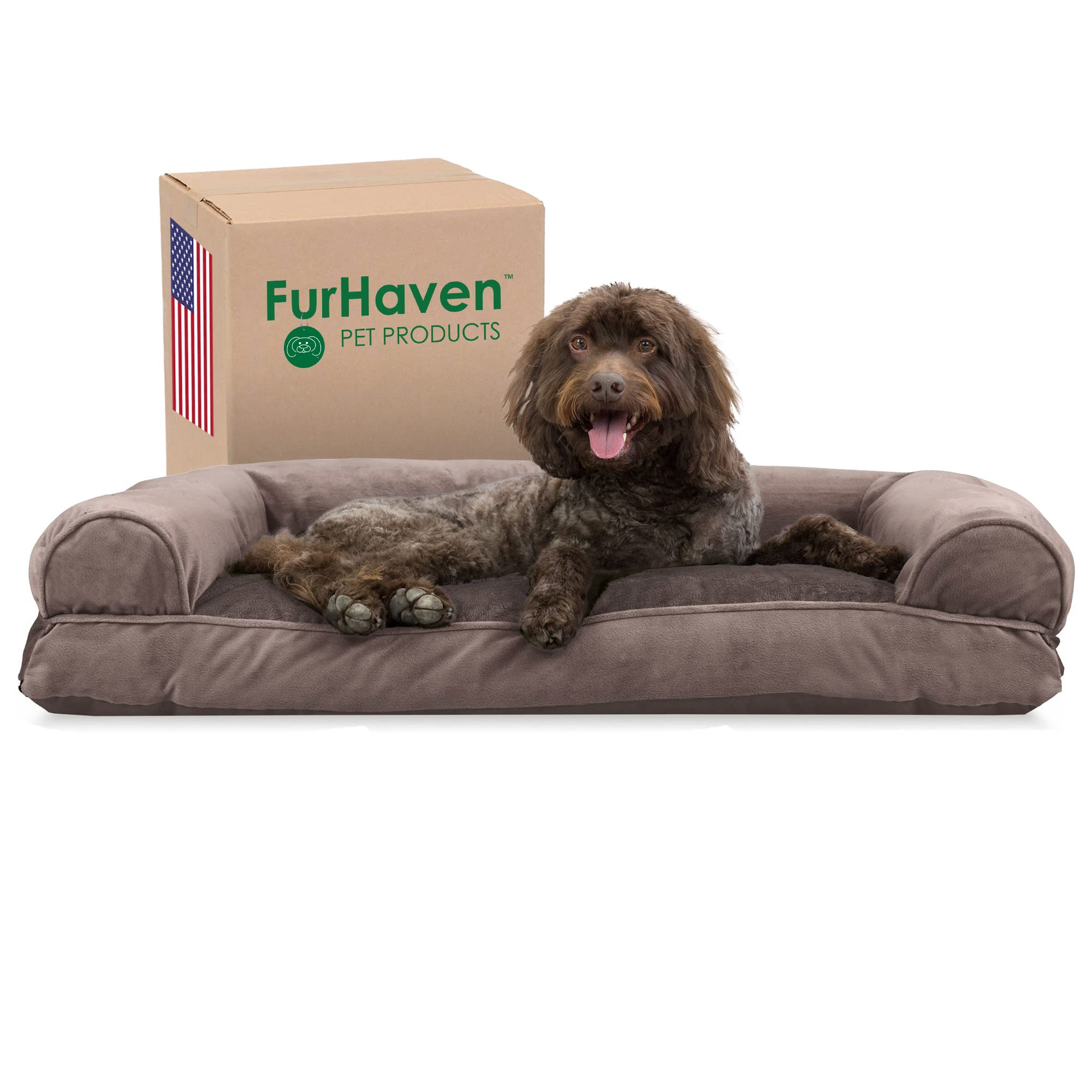 Furhaven Orthopedic Dog Bed for Large & Medium Dogs - Removable Bolsters & Machine Washable Cover - Plush Faux Fur & Velvet Sofa Style - Driftwood Brown (Large) - Perfect for Living Room, Bedroom & Pet-Friendly Spaces