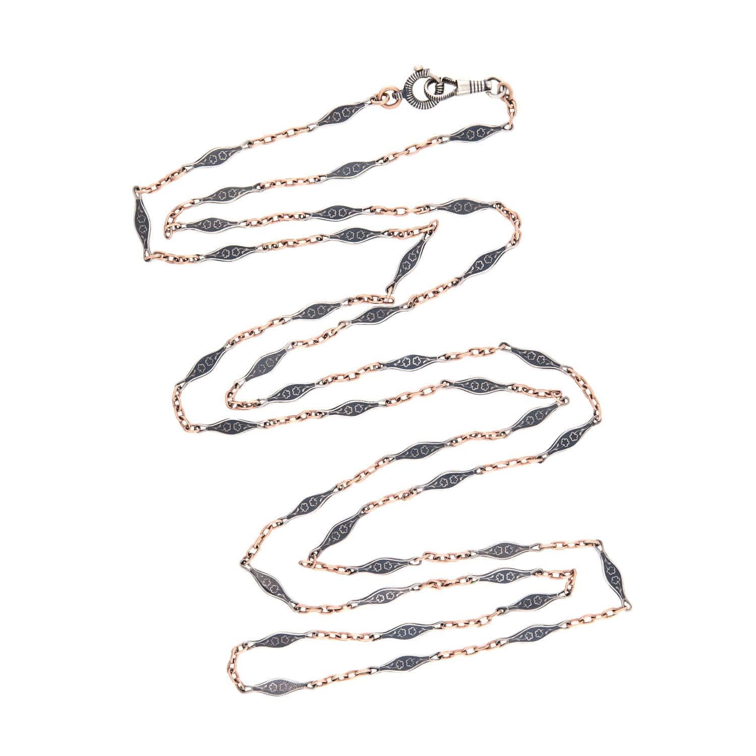 Victorian 9k Gold & Sterling Silver Niello Chain Necklace - 58cm Length | Elegant Vintage Jewelry for Women, Perfect for Weddings, Parties & Special Occasions