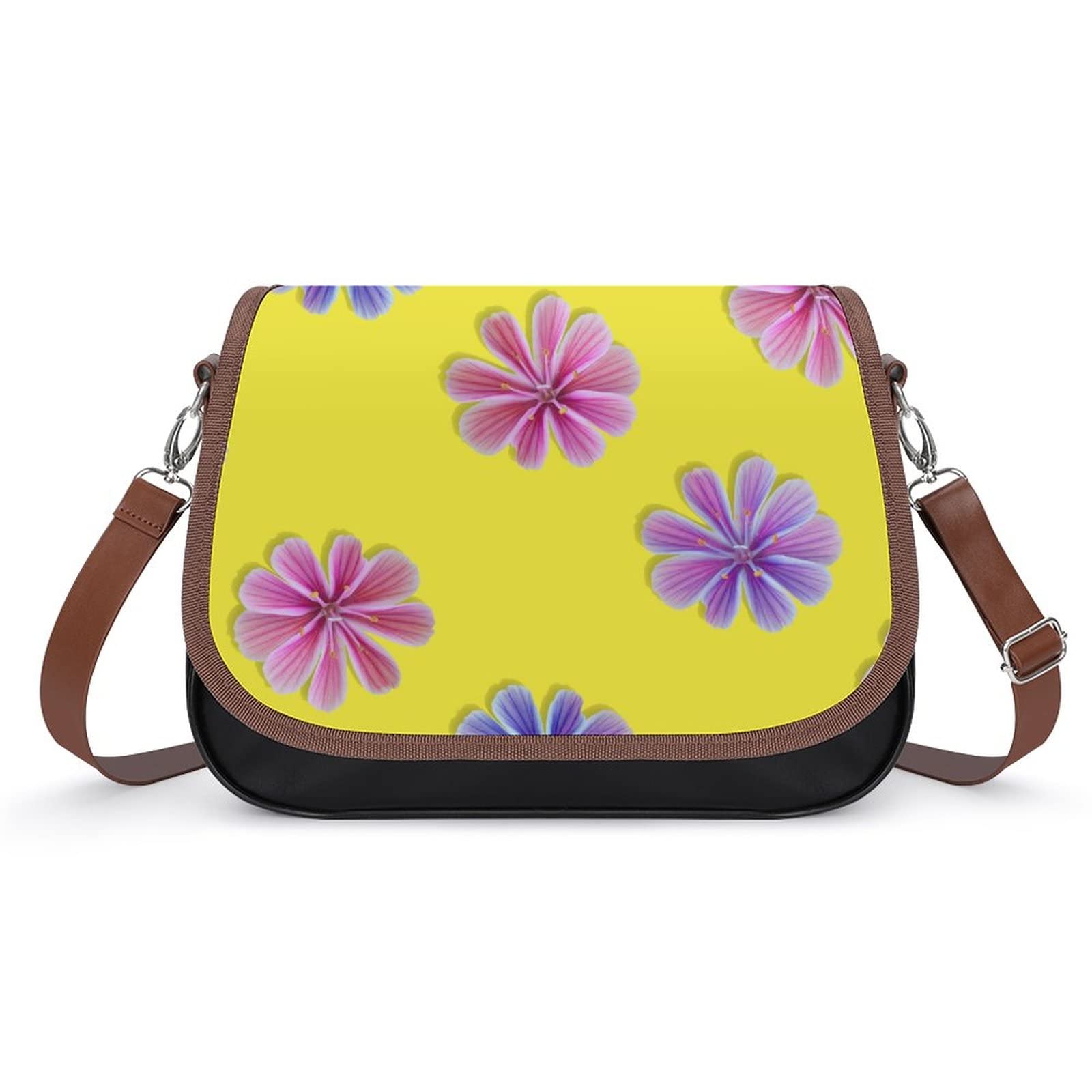 Stylish Women's Leather Crossbody Bag - Floral Printed Casual Shoulder Messenger Purse in Purple & Yellow | Perfect for Everyday Use, Travel & Shopping