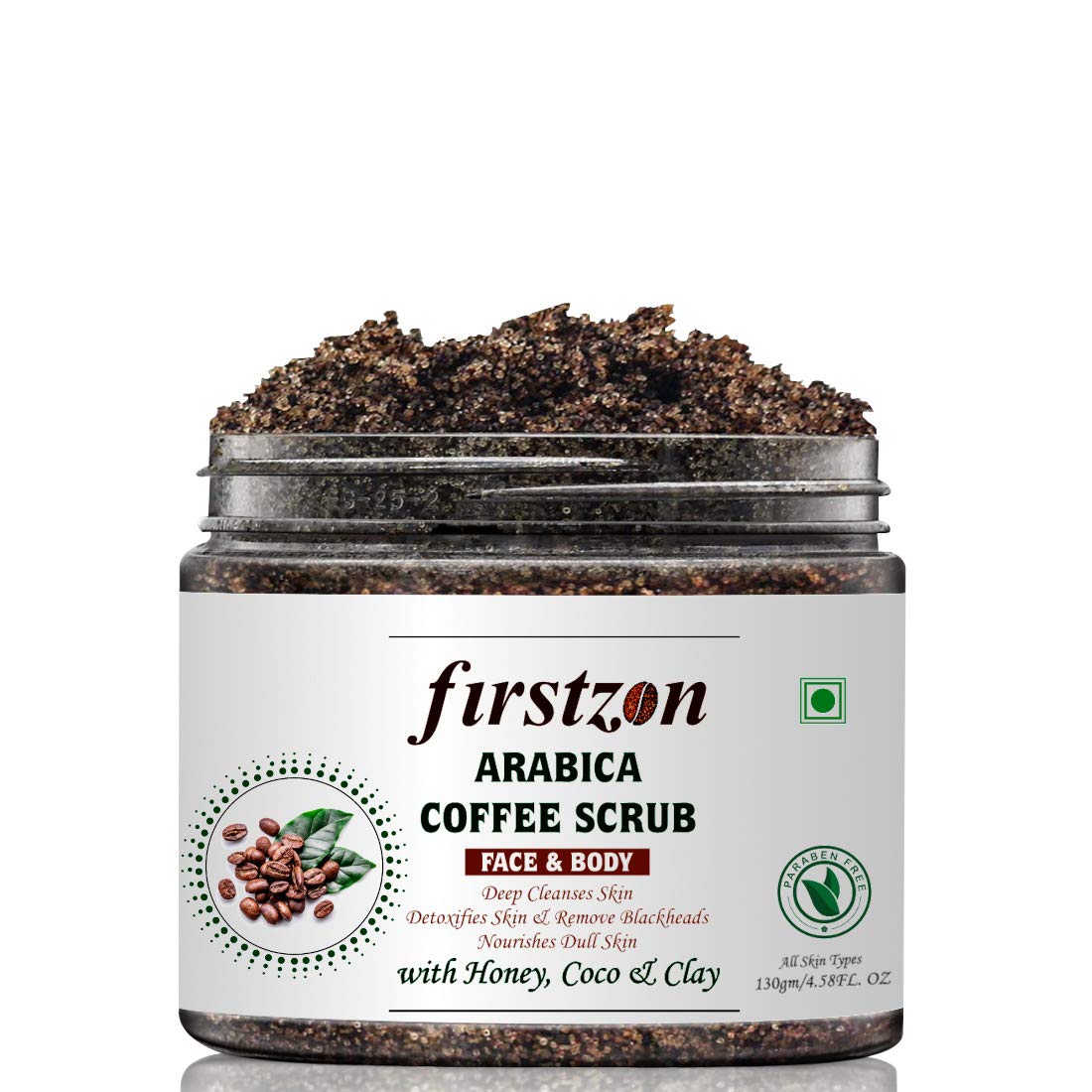 FIRSTZON Arabica Coffee Face & Body Scrub 130g - Exfoliating Scrub with Green Tea, Honey, Cocoa & Clay | Made in India | For Smooth Skin & Detoxification | Perfect for Spa Day & Self-Care Routine