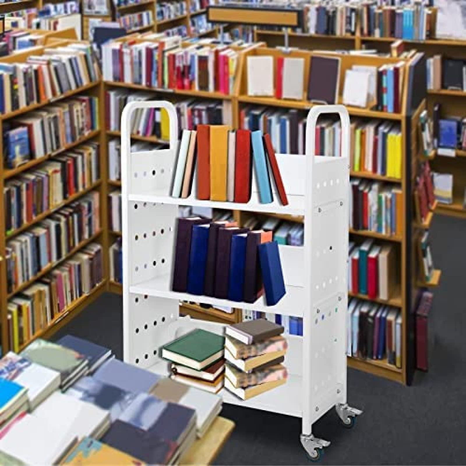 200 LBS Heavy Duty Library Book Cart - Single Sided L-Shaped/V-Shaped Rolling Book Truck with 4 Lockable Wheels for Home, Office & School Use - Perfect for Book Storage, Classroom Organization & Library Shelving