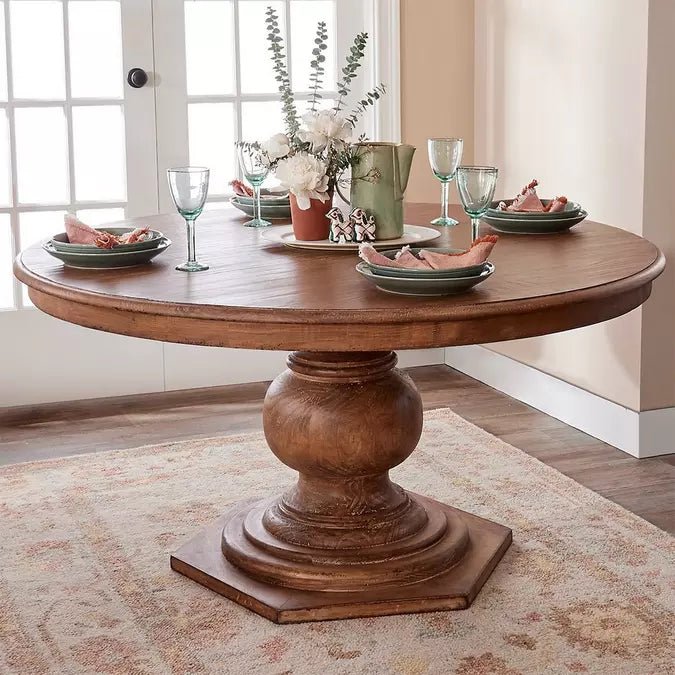 Handmade Solid Wood Round Pedestal Dining Table - Natural Wood Finish | Perfect for Farmhouse, Rustic & Modern Dining Rooms