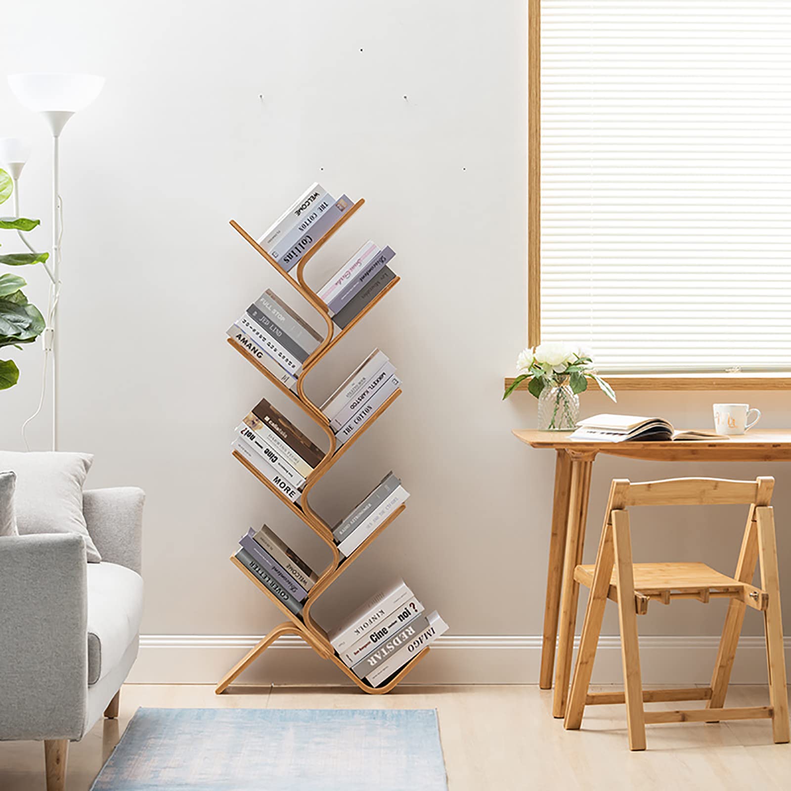 XM&LZ 8-Shelf Wooden Tree Bookcase - Modern Floor Standing Bookshelf for Living Room, Home Office & Study - Perfect for Organizing Books, Decor & Storage (Natural Wood Finish)