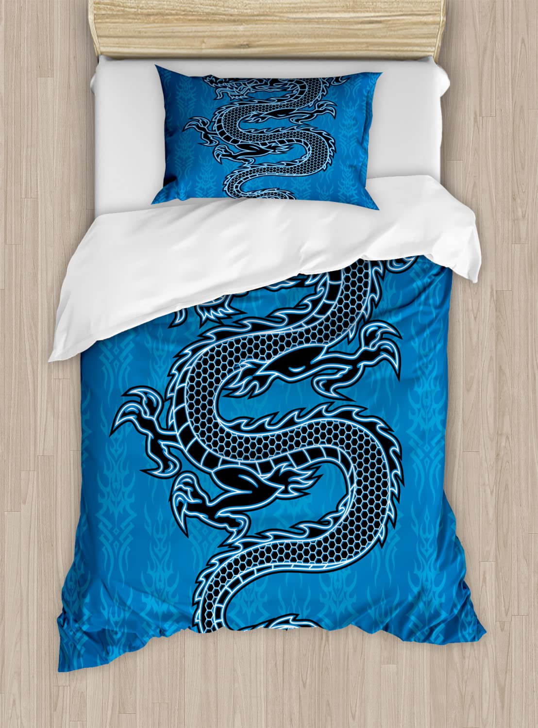 Ambesonne Japanese Dragon Duvet Cover Set - Blue Tribal Dragon Bedding for Cal King Size | Year of Dragon Theme | Home Decor