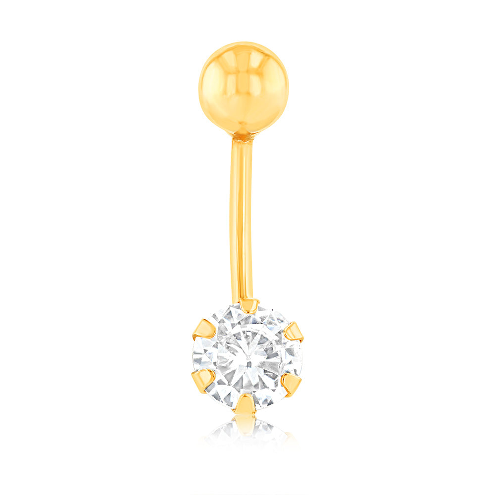9ct Yellow Gold 6mm White Round Zirconia Belly Button Ring - Elegant Navel Piercing Jewelry for Women, Perfect for Summer, Beach & Casual Wear