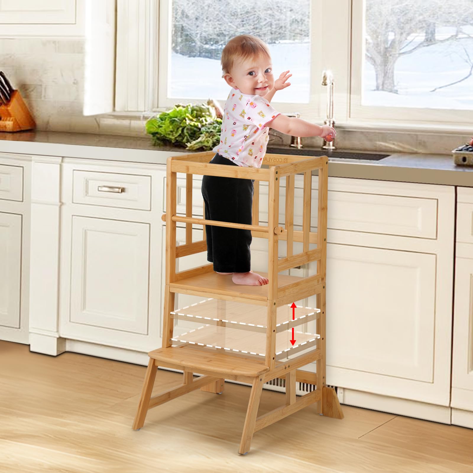 **COSYLAND Adjustable Toddler Step Stool - Natural Bamboo Learning Tower with Safety Rail for Kitchen, Playroom & Montessori - Lightweight & Sturdy Helper Stand for Kids**