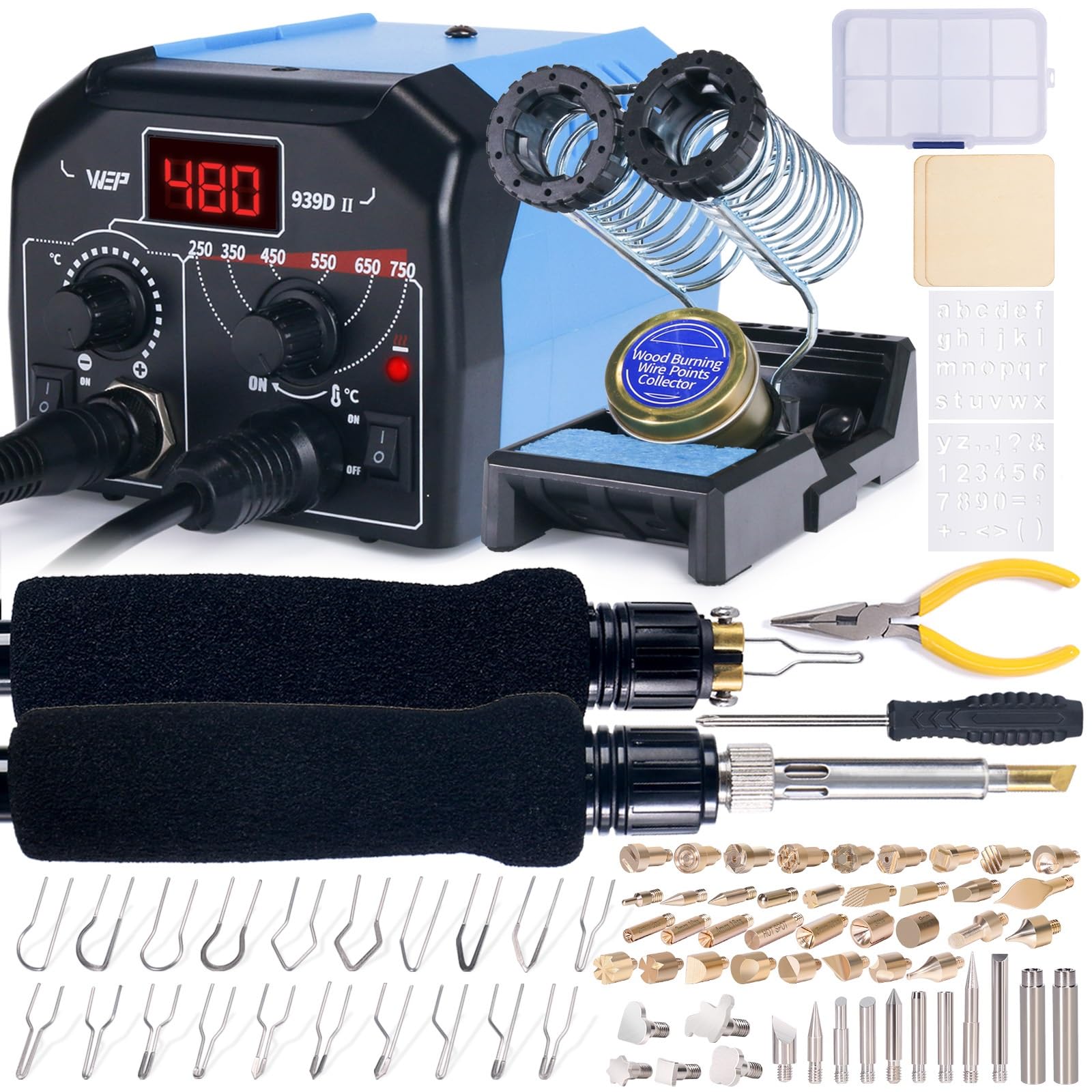 WEP 939D-II 2-in-1 Wood Burning Kit with 86 Accessories - 51 Solid Points & 20 Wire Nibs - Includes 2 Letter/Number Stencils, 2 Unfinished Wood Pieces & Pen Holder - Perfect for DIY Wood Burning, Pyrography Art & Craft Projects