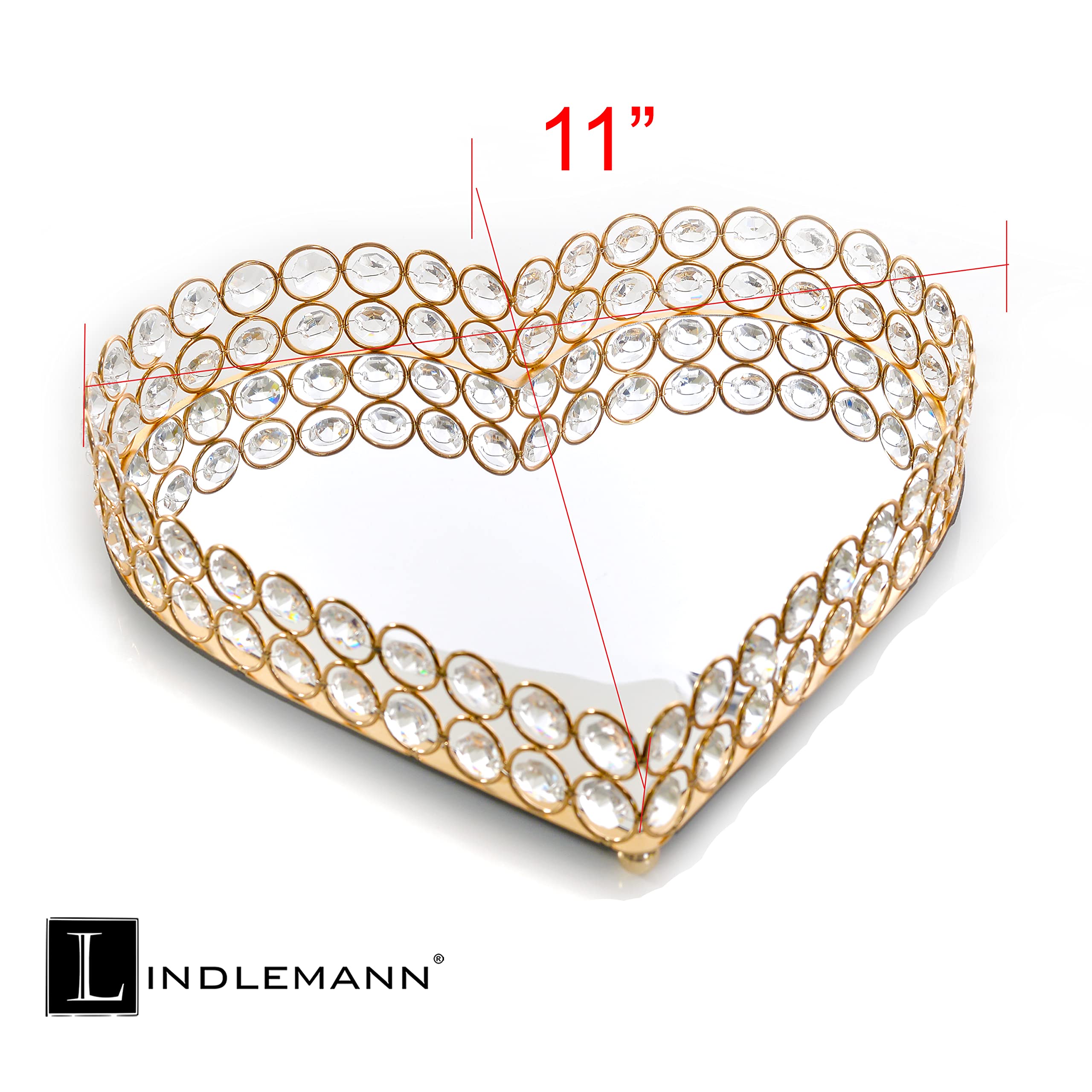 Heart-Shaped Vanity Tray - 11 Inch Gold Metal Crystal Jewelry & Makeup Organizer with Mirror - Perfect for Perfume Display, Home Decor, Party & Holiday Gift (Heart, 11in, Gold) - Ideal for Bedroom Dresser, Bathroom Counter & Wedding Decorations