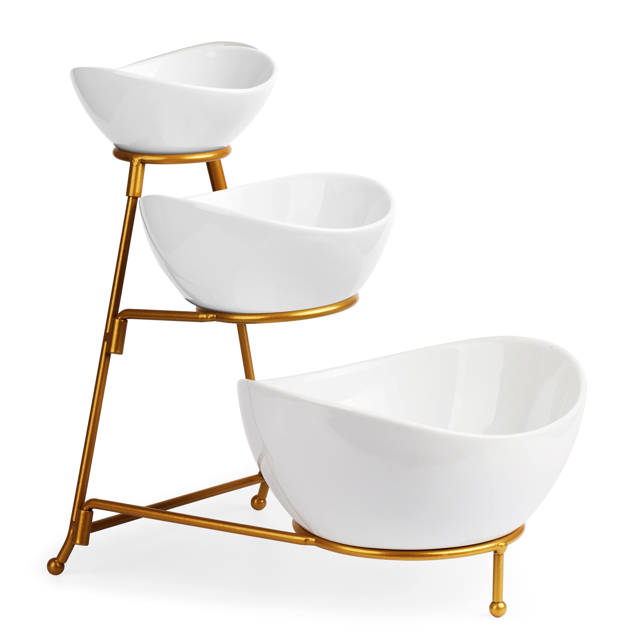 LAUCHUH 3-Tier Collapsible Serving Stand with Porcelain Bowls - Sturdy Dessert & Fruit Display Rack for Parties, Weddings & Home Entertaining