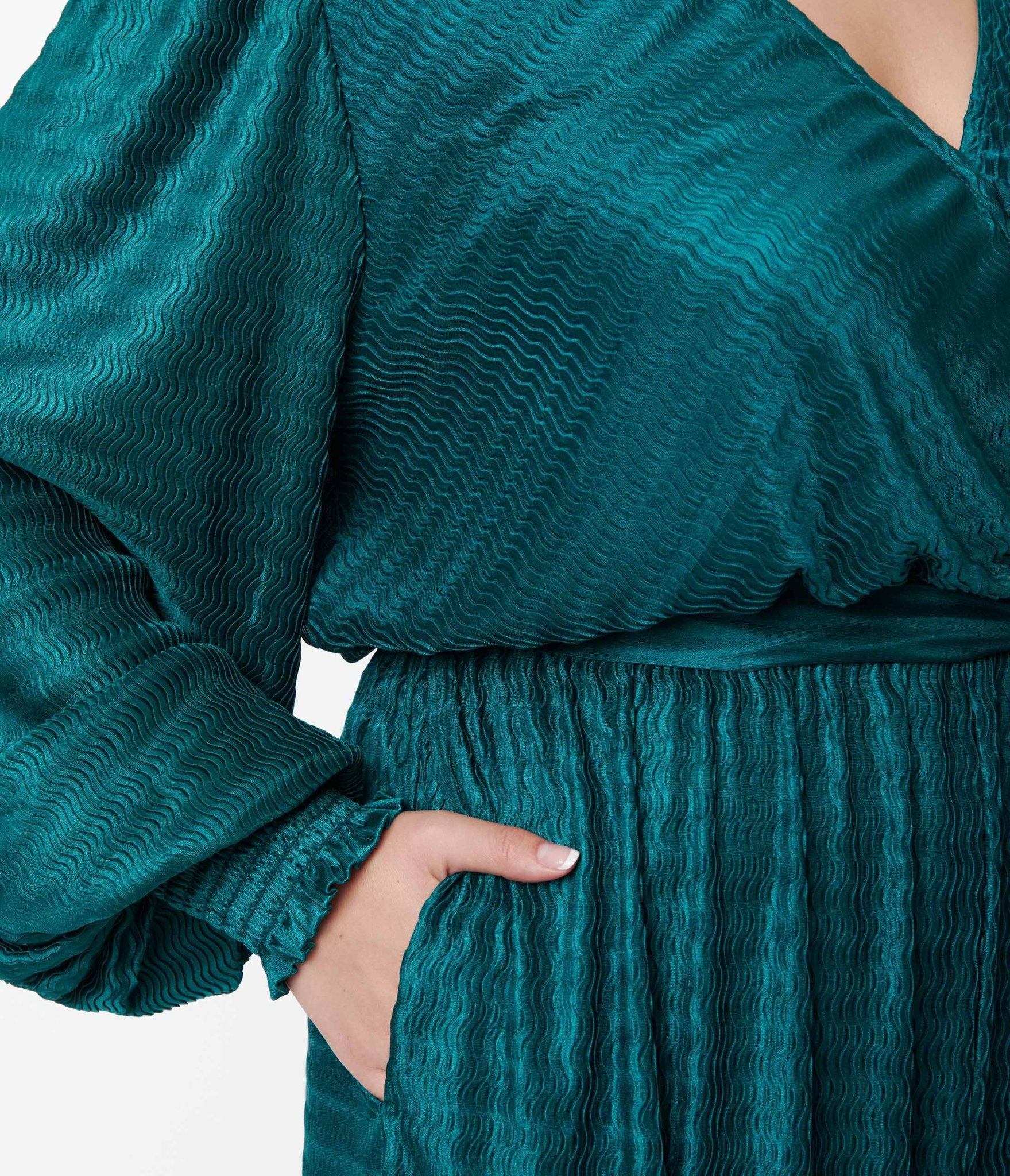 Stylish Teal Satin Textured Jumpsuit for Women - Elegant One-Piece Romper for Parties, Date Nights & Special Occasions