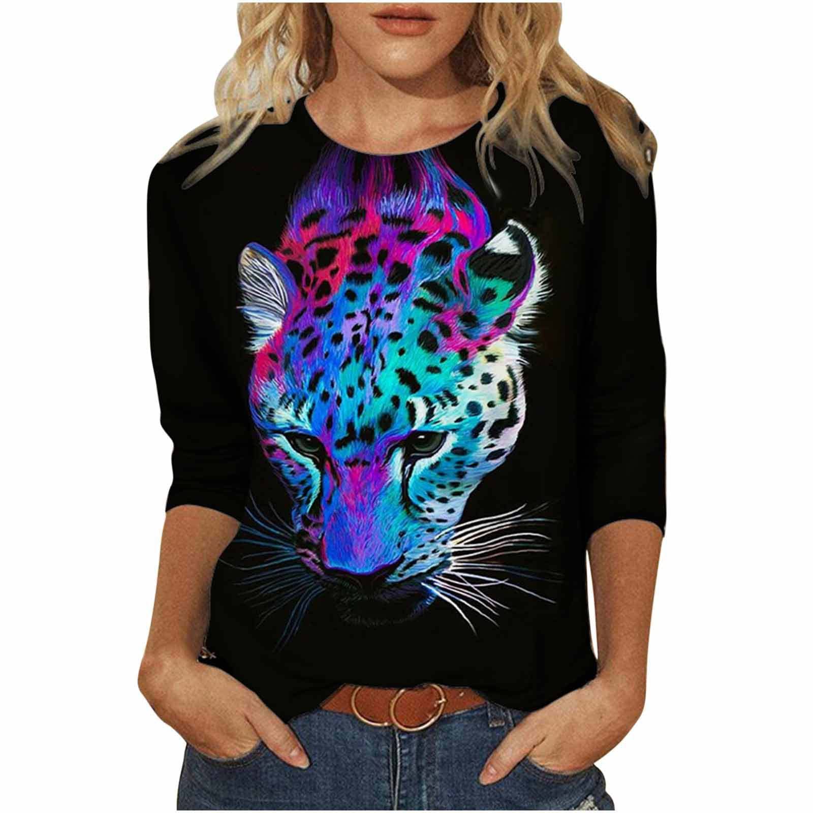 Women's Long Sleeve Pullover Shirts with 3D Tiger Graphic - Casual Crewneck T-Shirt & Lightweight Sweatshirt for Women | Perfect for Fall Fashion, Streetwear & Everyday Comfort