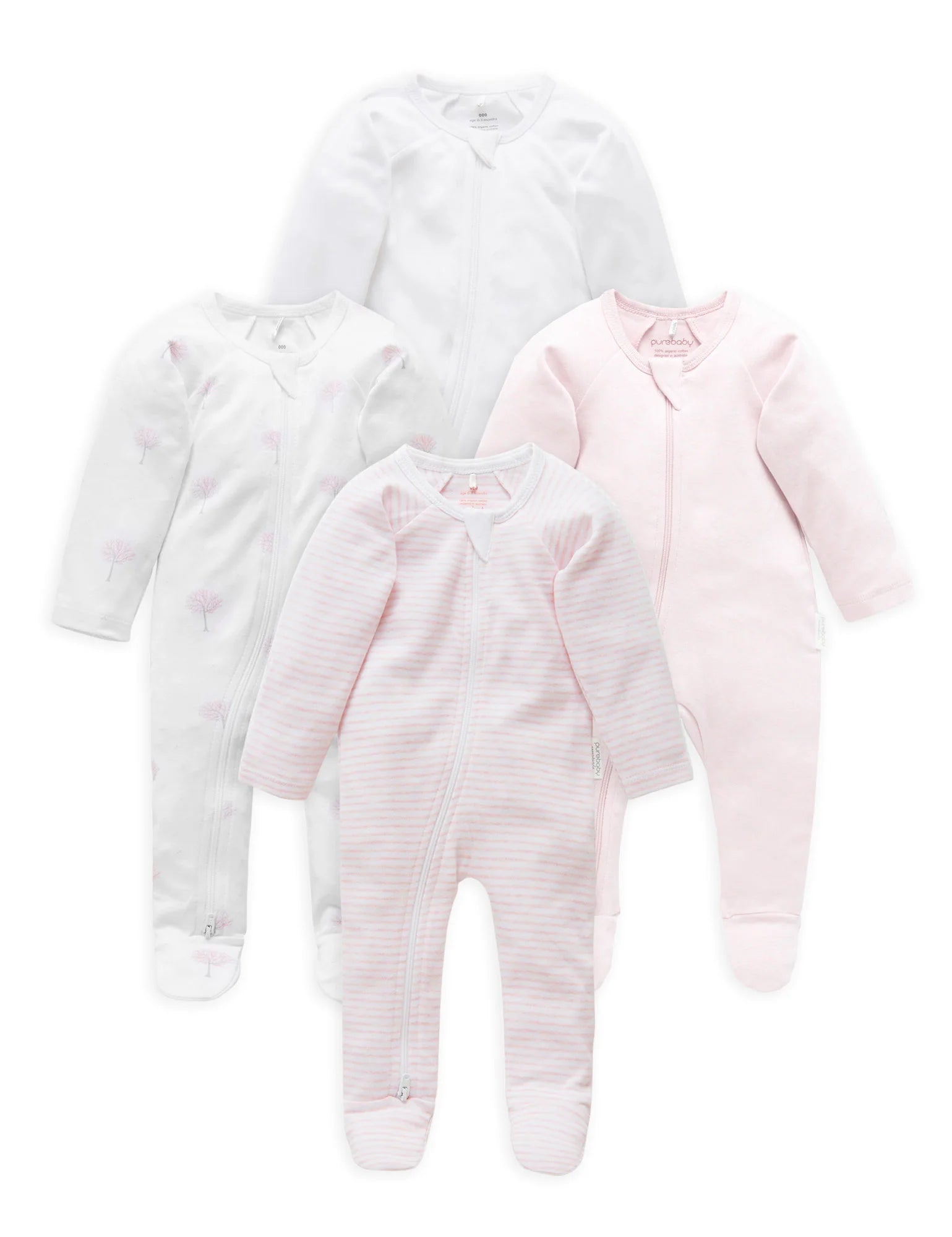 Purebaby Organic Cotton Zip Growsuit 4-Pack - Soft Baby Bodysuit for Newborns & Infants | Perfect for Sleepwear, Playtime & Everyday Comfort (Pink)
