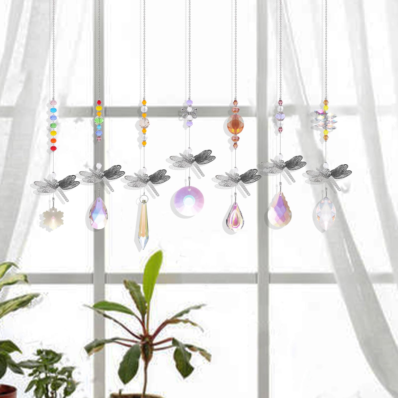 7 Pack Crystal Suncatchers Dragonfly Pendants - Rainbow Window Prisms for Wedding, Garden & Home Decor - Creates Beautiful Light Reflections for Indoor/Outdoor Spaces