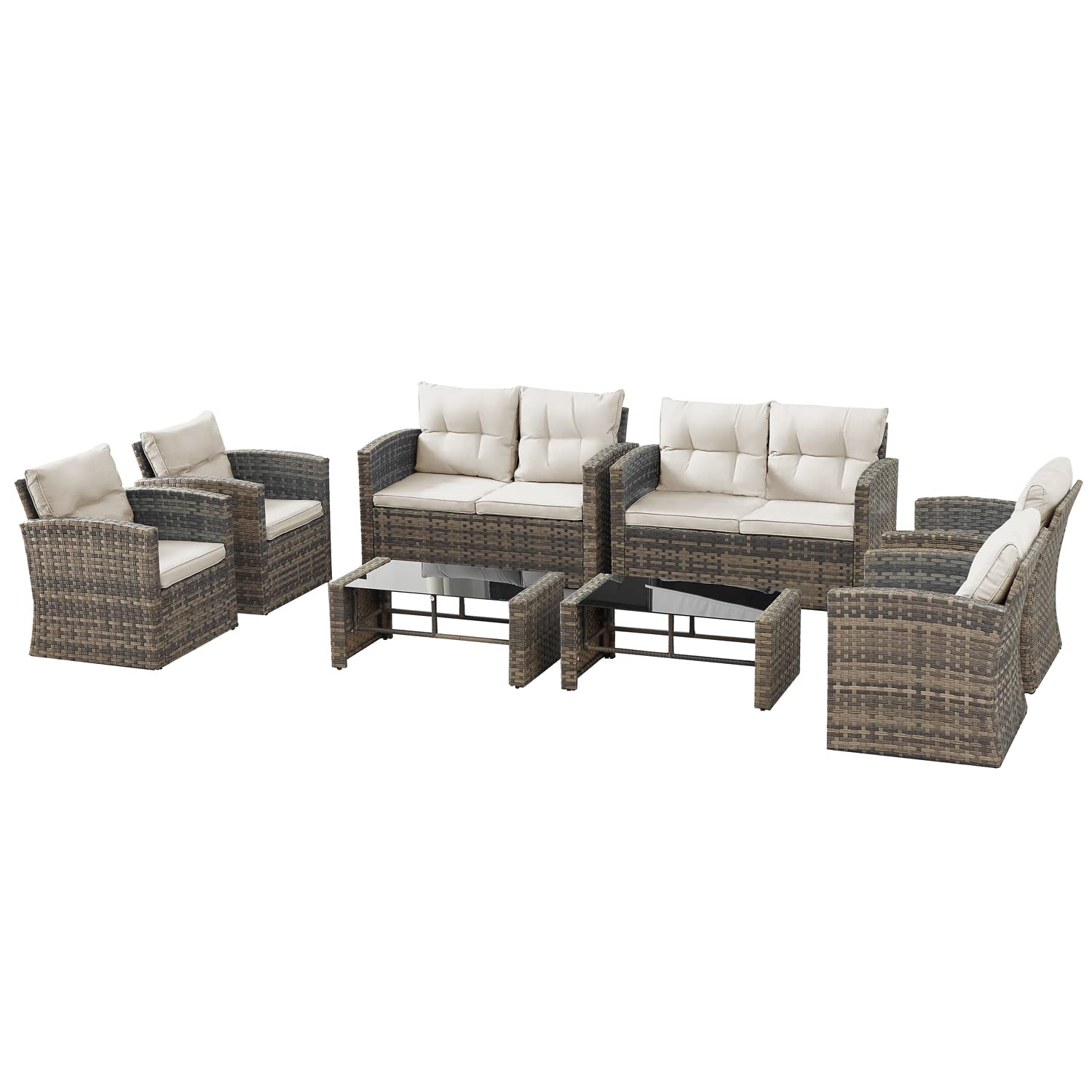 8-Piece Brown Gradient PE Rattan Outdoor Patio Furniture Set - Loveseat, Sofa, Chair & Table with Beige All-Weather Cushions - Perfect for Garden, Backyard, Poolside & Terrace Relaxation