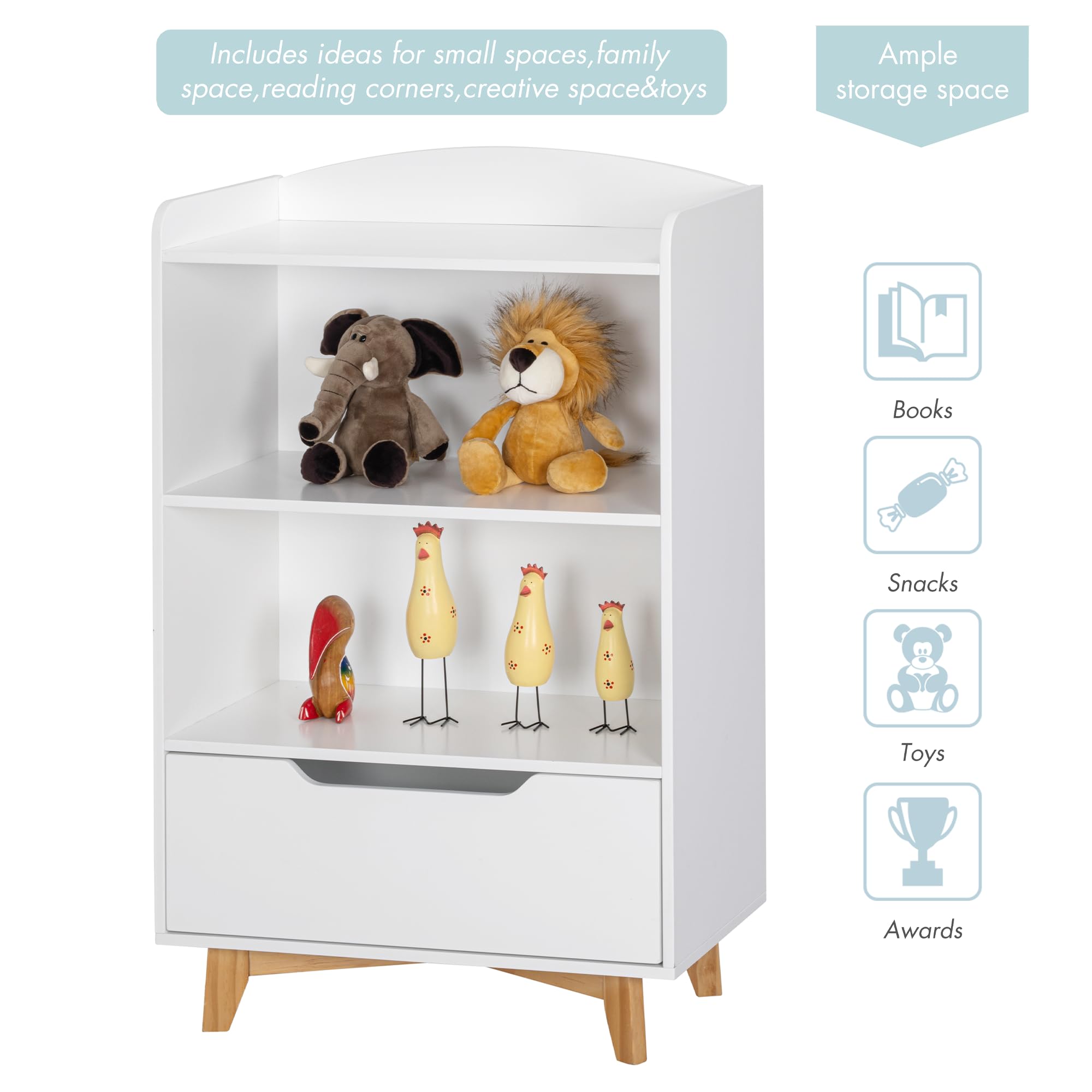 UTEX Kids Bookshelf with Storage Drawer - Wooden Toy Organizer for Playroom, Nursery, School - White | Perfect for Kids' Bedroom, Classroom & Daycare Storage
