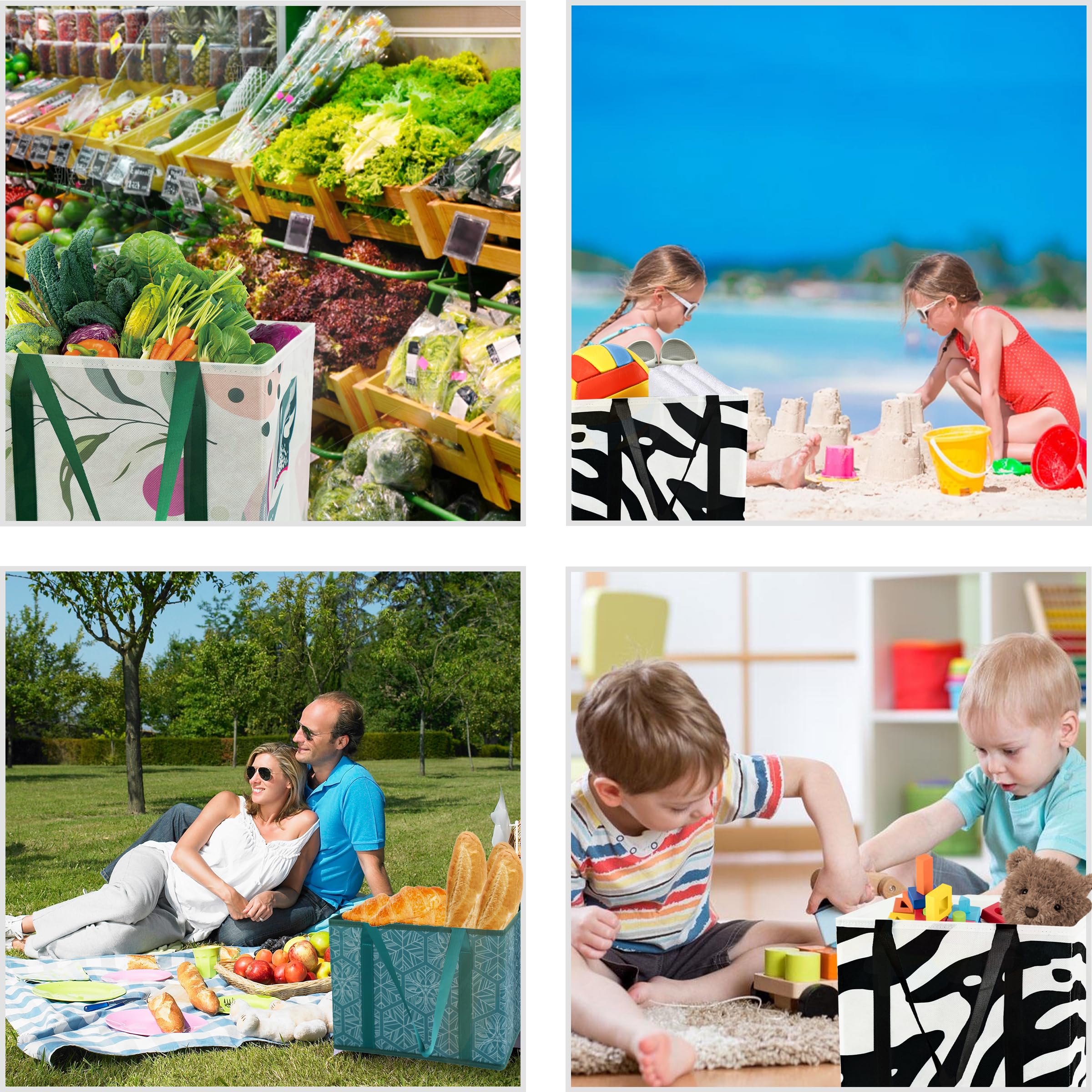 3-Pack Reusable Grocery Bags - Foldable Shopping Tote with Long Handles & Reinforced Bottom for Supermarkets, Farmers Market & Eco-Friendly Shopping (Black)