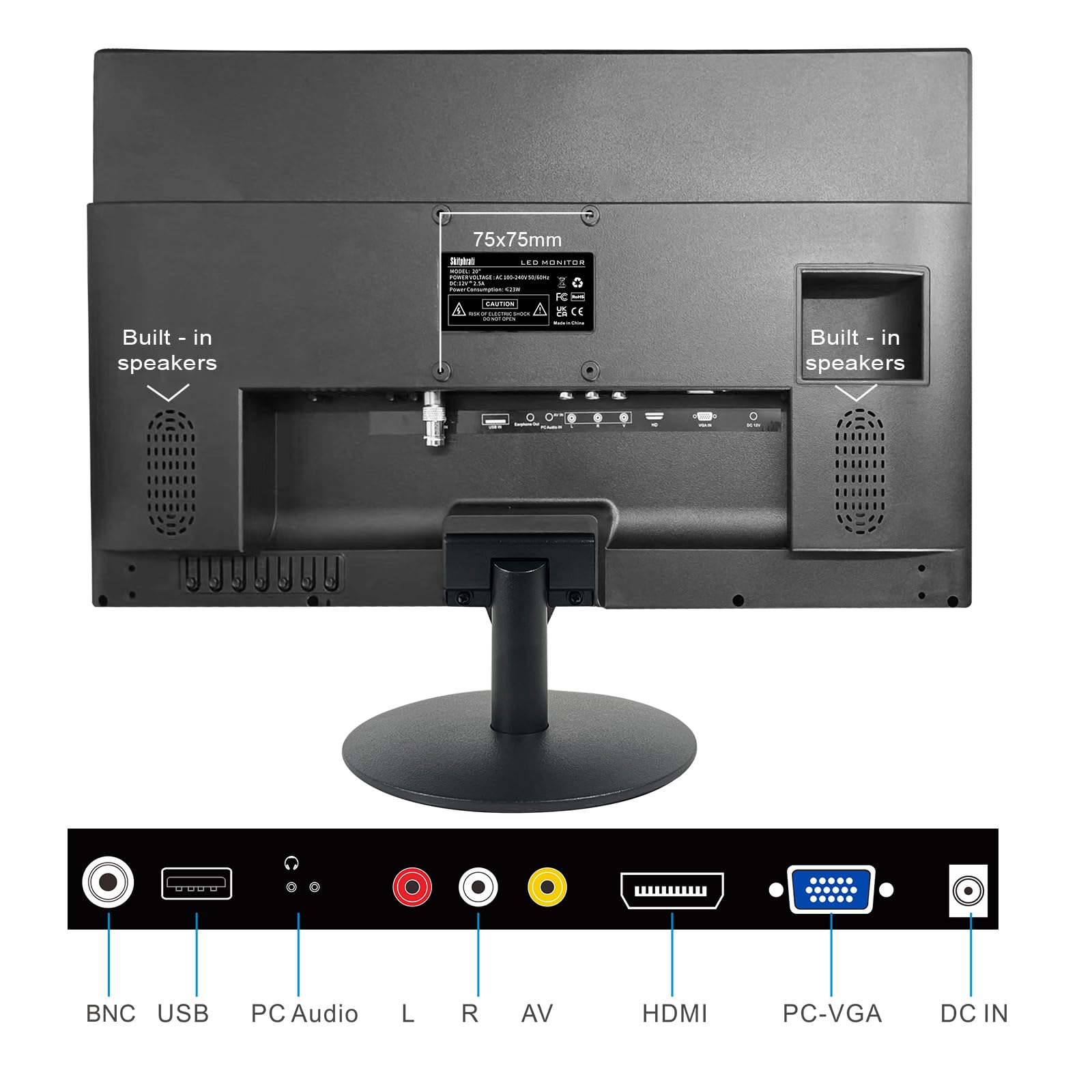 20 Inch LED PC Monitor - 1600x900 Resolution with HDMI/VGA/BNC/AV Ports & Built-in Speakers, VESA Mount Compatible for Desktop, Laptop & Computer - Perfect for Home Office, Gaming & Multimedia Entertainment