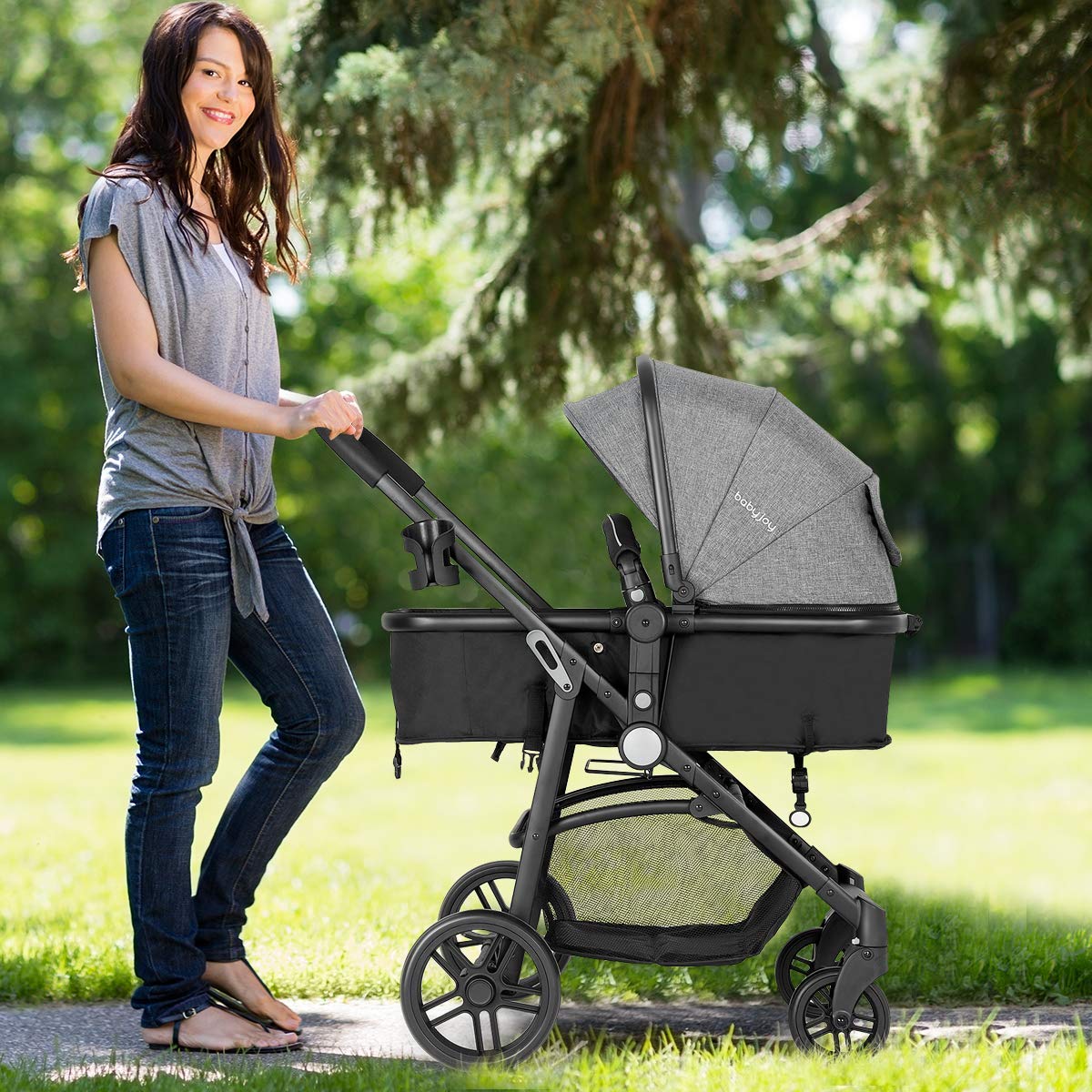 HONEY JOY Baby Stroller - Convertible Infant Bassinet Stroller with Adjustable Canopy, Reclining Backrest, Storage Basket & Cup Holder | Foldable Newborn Carriage Pram for Travel, Shopping & Outdoor Walks (Gray)