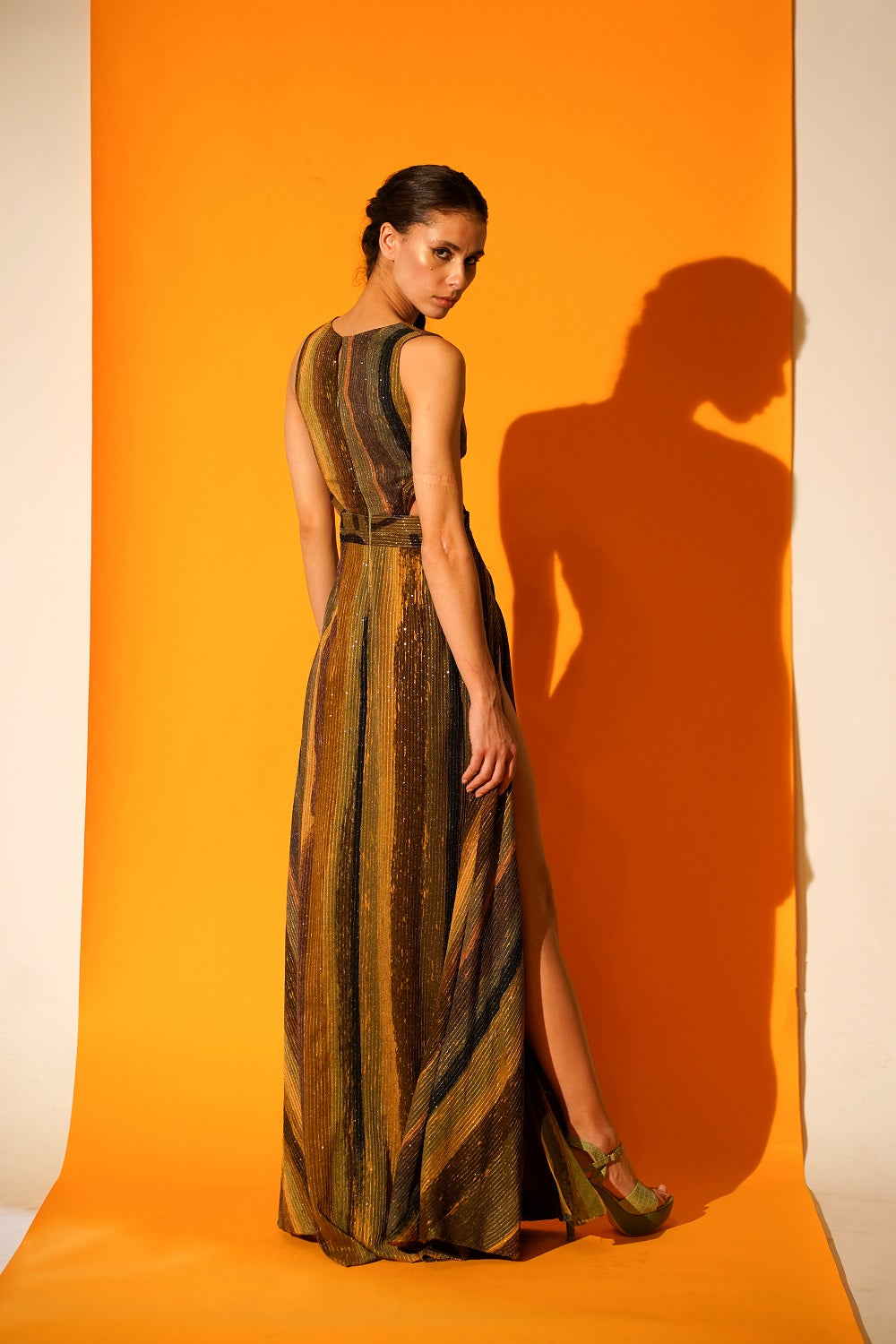Elegant Green Stripe Print Cut Out High Slit Dress for Women - Sexy Party & Evening Gown for Night Out, Club, Date Night & Special Occasions