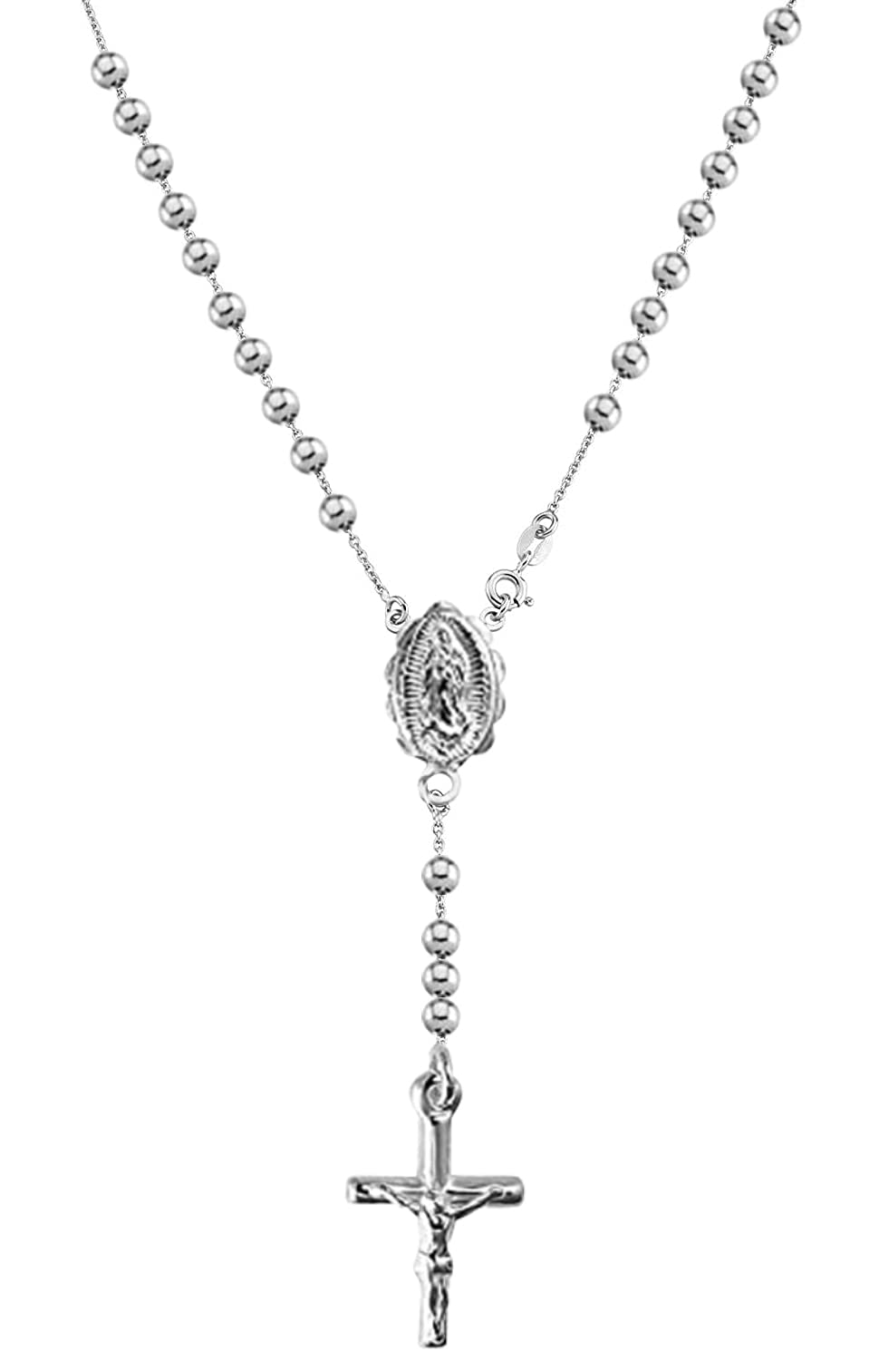 Savlano 925 Sterling Silver Italian Solid Bead Chain Cross & Rosary Virgin Mary Pendant Y Necklace for Women - Elegant Religious Jewelry Gift with Gift Box, Made in Italy | Perfect for Church, Baptism, First Communion & Everyday Faith Wear