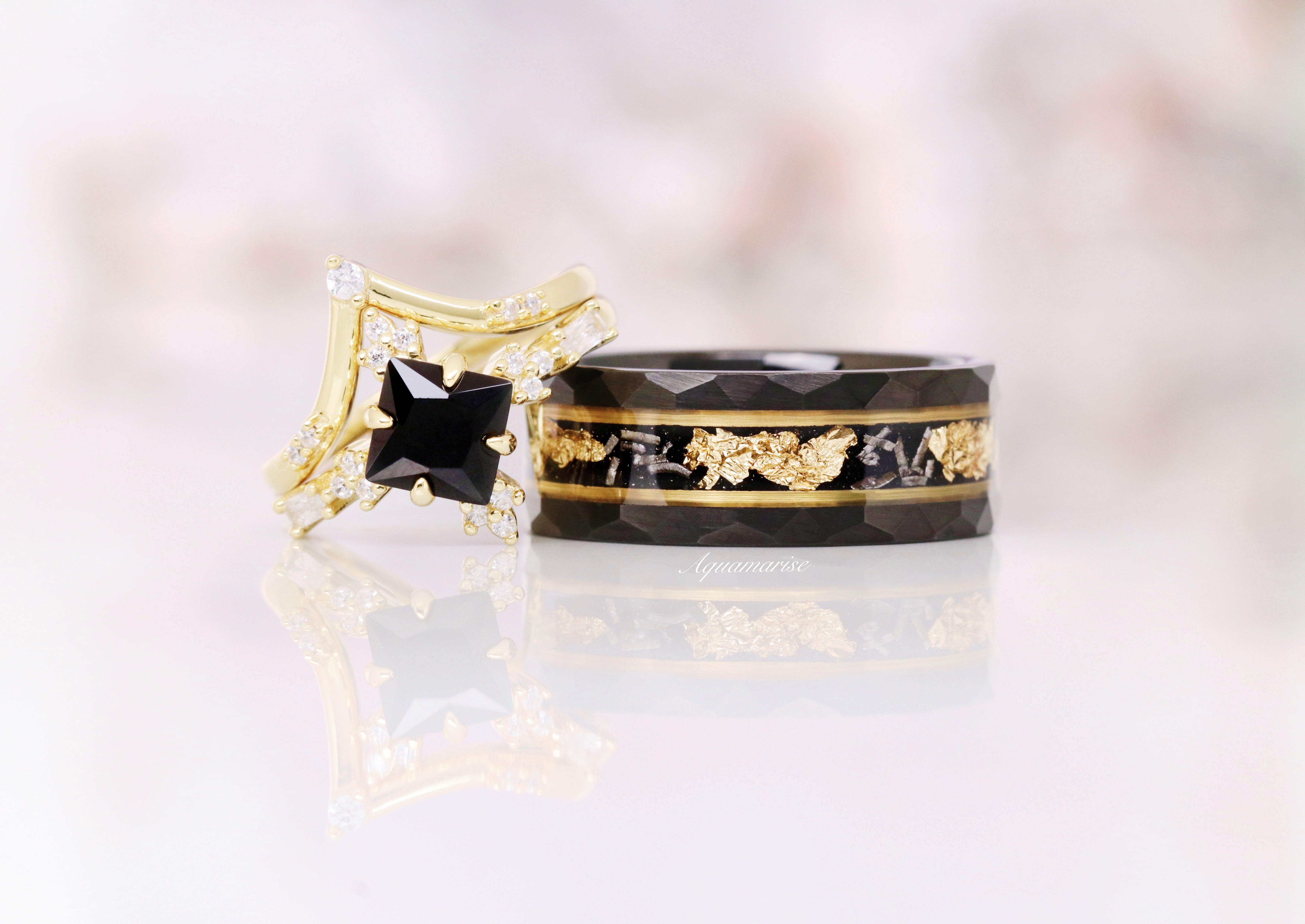 Black Tungsten Wedding Band with Meteorite & Gold Leaf Inlay - 8MM Wide Comfort Fit Ring for Men, Perfect for Engagements, Anniversaries, and Unique Gifts